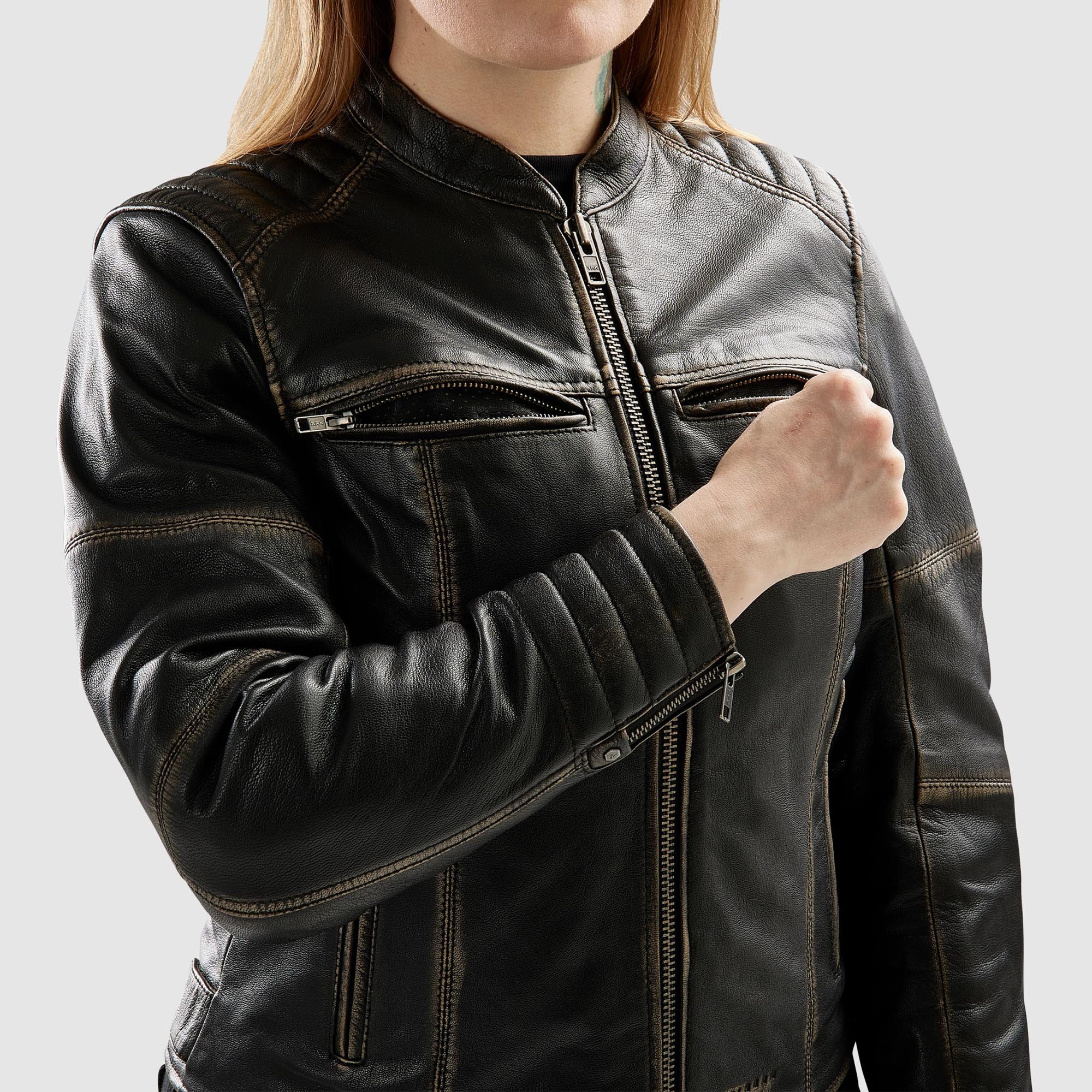 Rebelhorn Motorradjacke Hunter 2 Damen Motorrad Lederjacke Rückenprotektor enthalten,Verbindungsreißverschluss,Ellenbogenpro