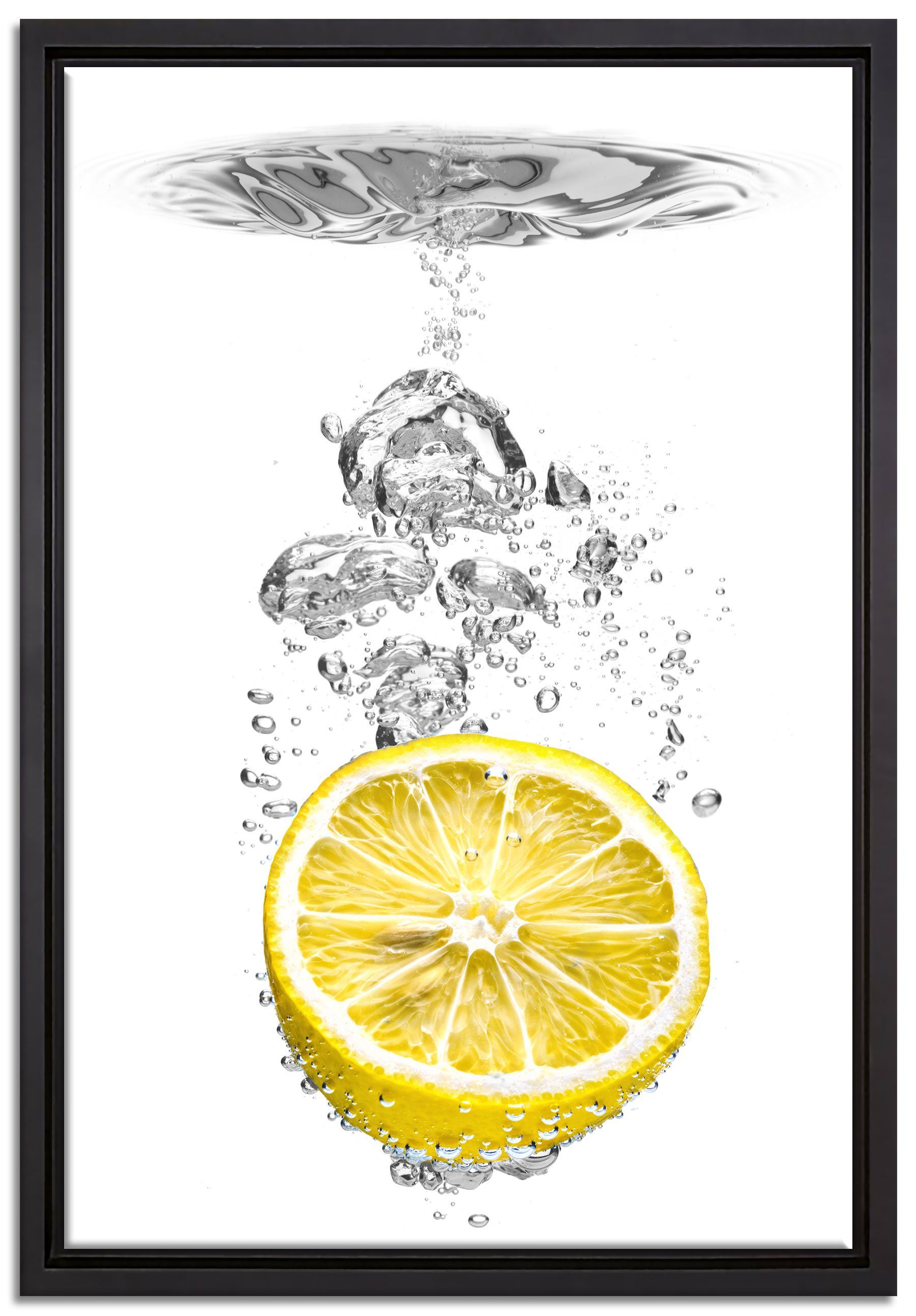 Pixxprint Leinwandbild in gefasst, Schattenfugen-Bilderrahmen Zitrone, gefallene Wasser Wanddekoration einem inkl. Leinwandbild (1 bespannt, ins St), Zackenaufhänger fertig