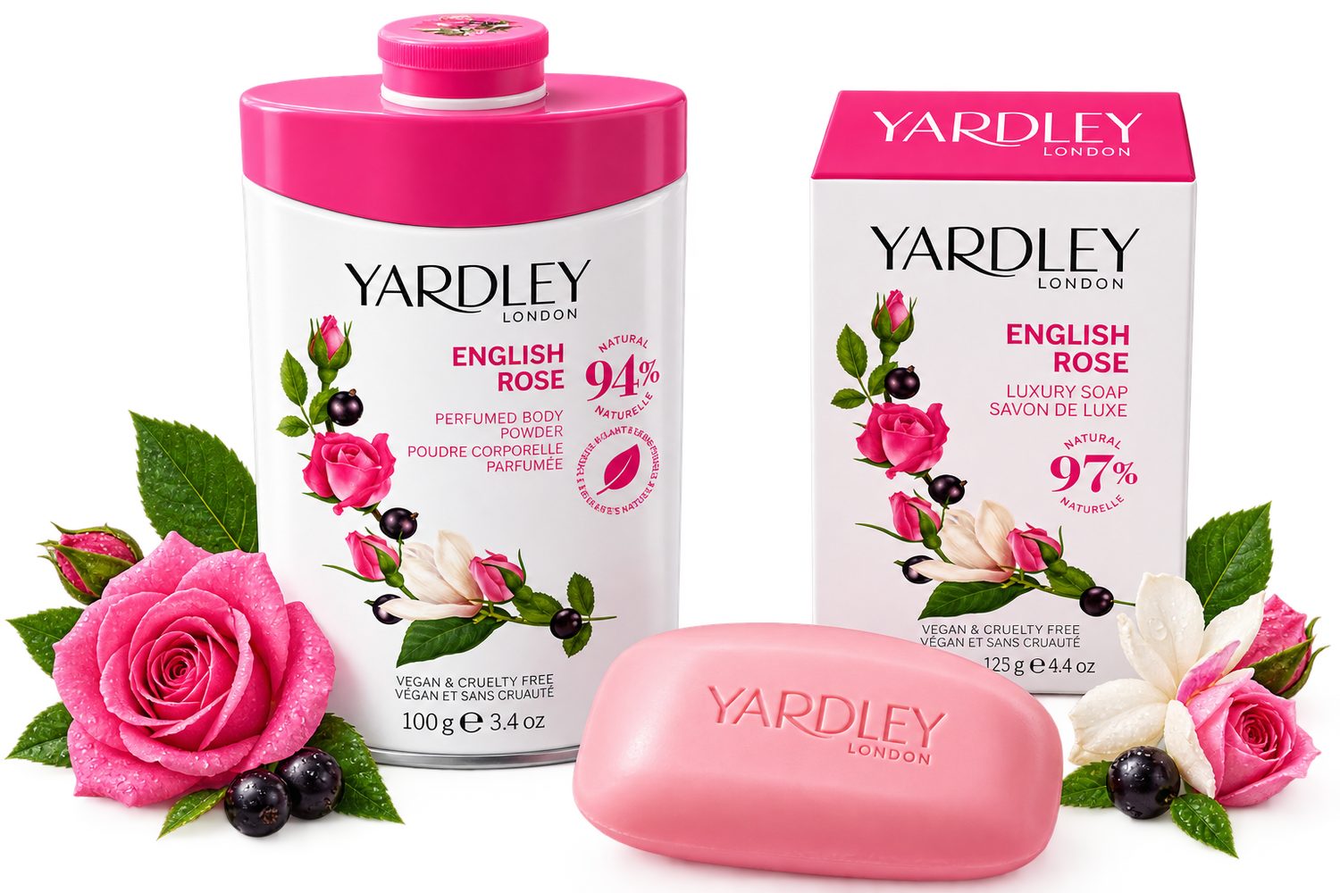 Yardley Hautreinigungs-Set 2er Set Rose, Geschenkset Körperpuder & Luxus-Seife