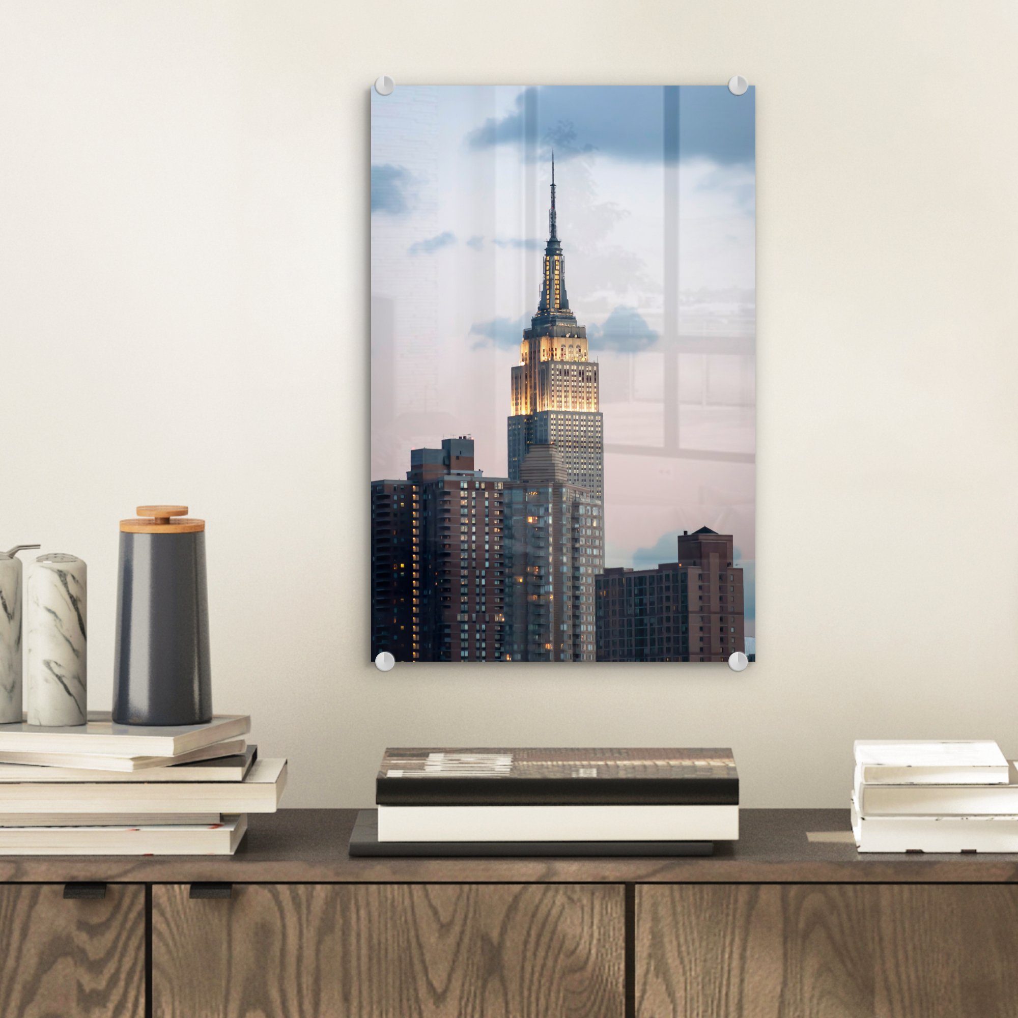 MuchoWow Acrylglasbild Empire State Building (1 St), - Bilder auf Foto Glas Wandbild Glasbilder Glas - NY, - auf Manhattan bunt Wanddekoration