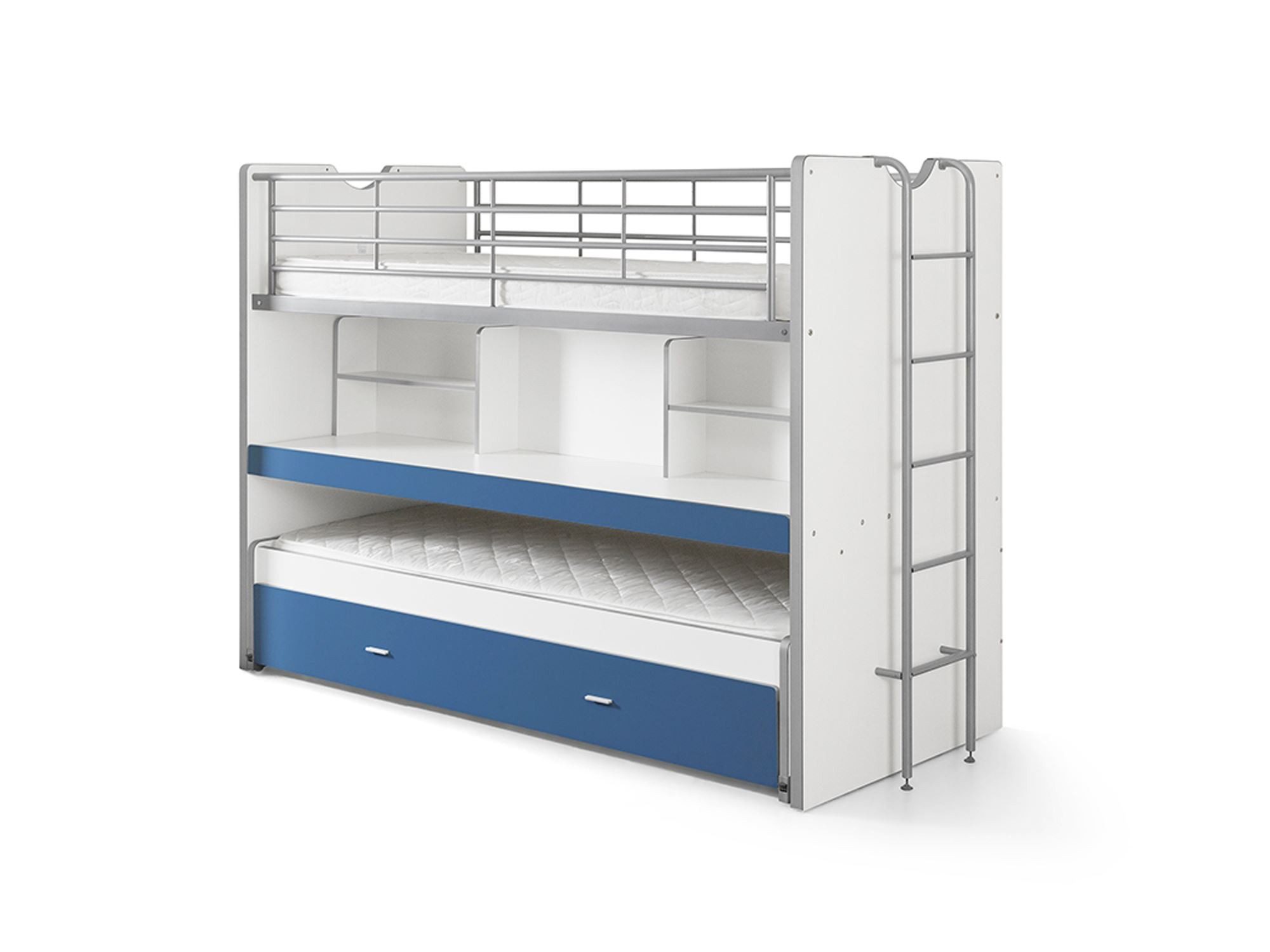 58 aufm Kessel Bettgestell Hochbett Kalinda 222x102x161 Kinderbett Holzwerkstoff Weiß/Blau (inkl. Versand, Lieferung bis Verwendungsstelle), Spielbett Liegefläche 2x90x200 Bettschublade ausziehbare Arbeitsplatte