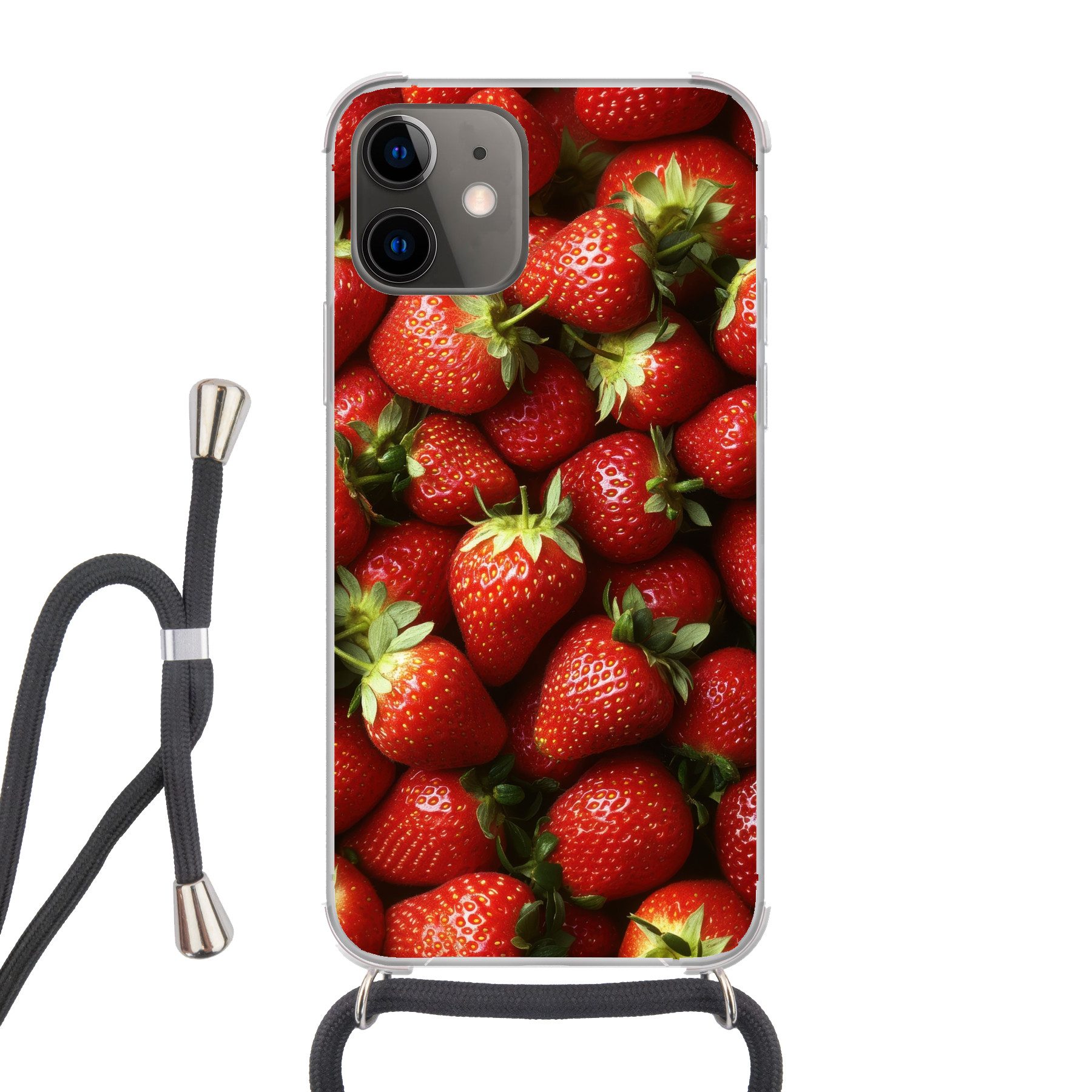 MuchoWow Handyhülle für Apple iPhone 11 Erdbeere - Obst - Rot, Tragbare Handyhüllen mit Kette zum umhängen, Handykette Handyband