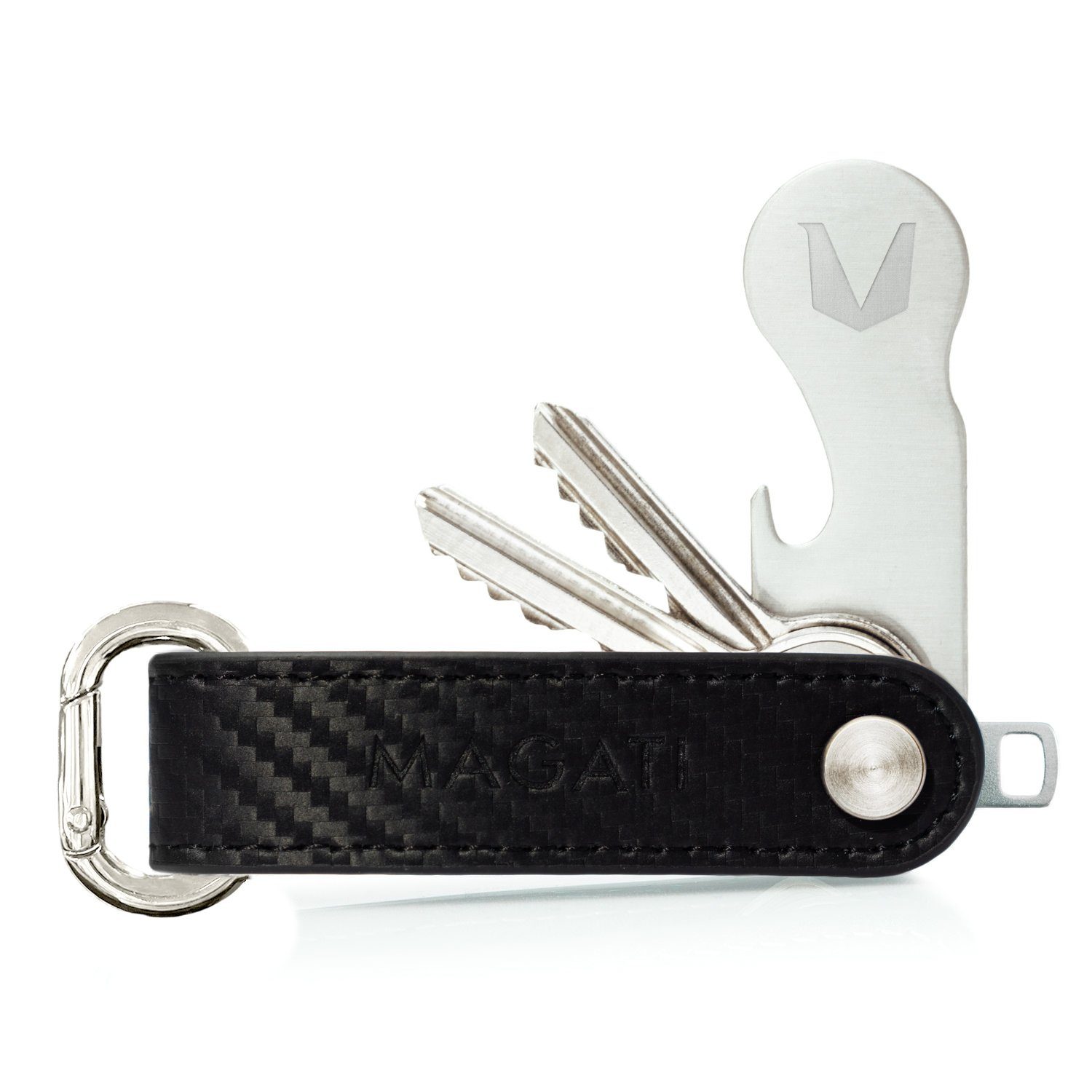 MAGATI Schlüsseltasche Key Organizer aus Echtleder, Schlüsseletui für 1-7 Schlüssel (Inkl. Geschenkbox, Einkaufswagenlöser, Flaschenöffner, Profiltiefenmesser), Key Holder mit Schlüsselfundservice für Damen & Herren Carbon