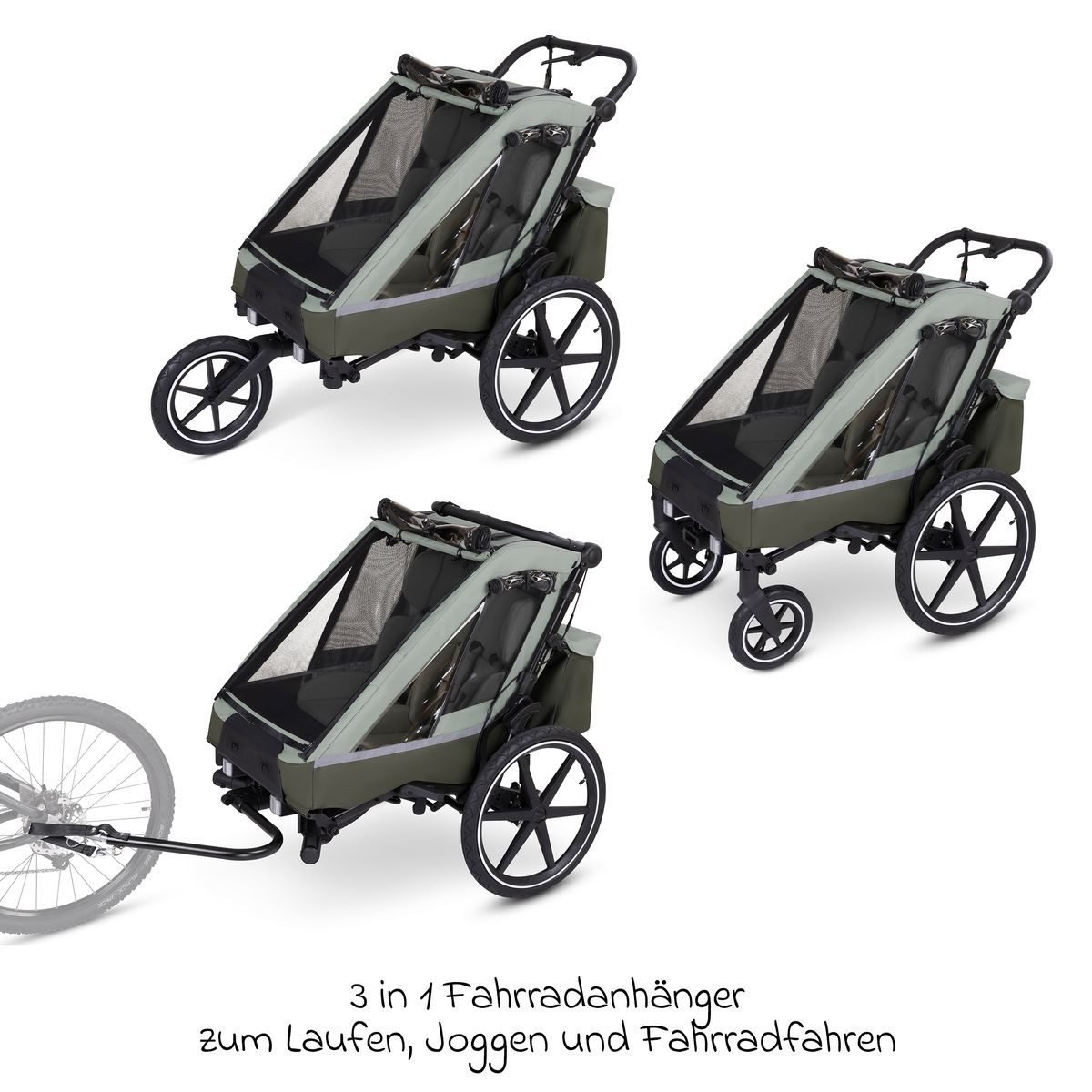 ABC Design Fahrradkinderanhänger Tour 2 - Olive, 3in1 Fahrrad Anhänger, Kinderwagen & Jogger für 2 Kinder bis 49 kg