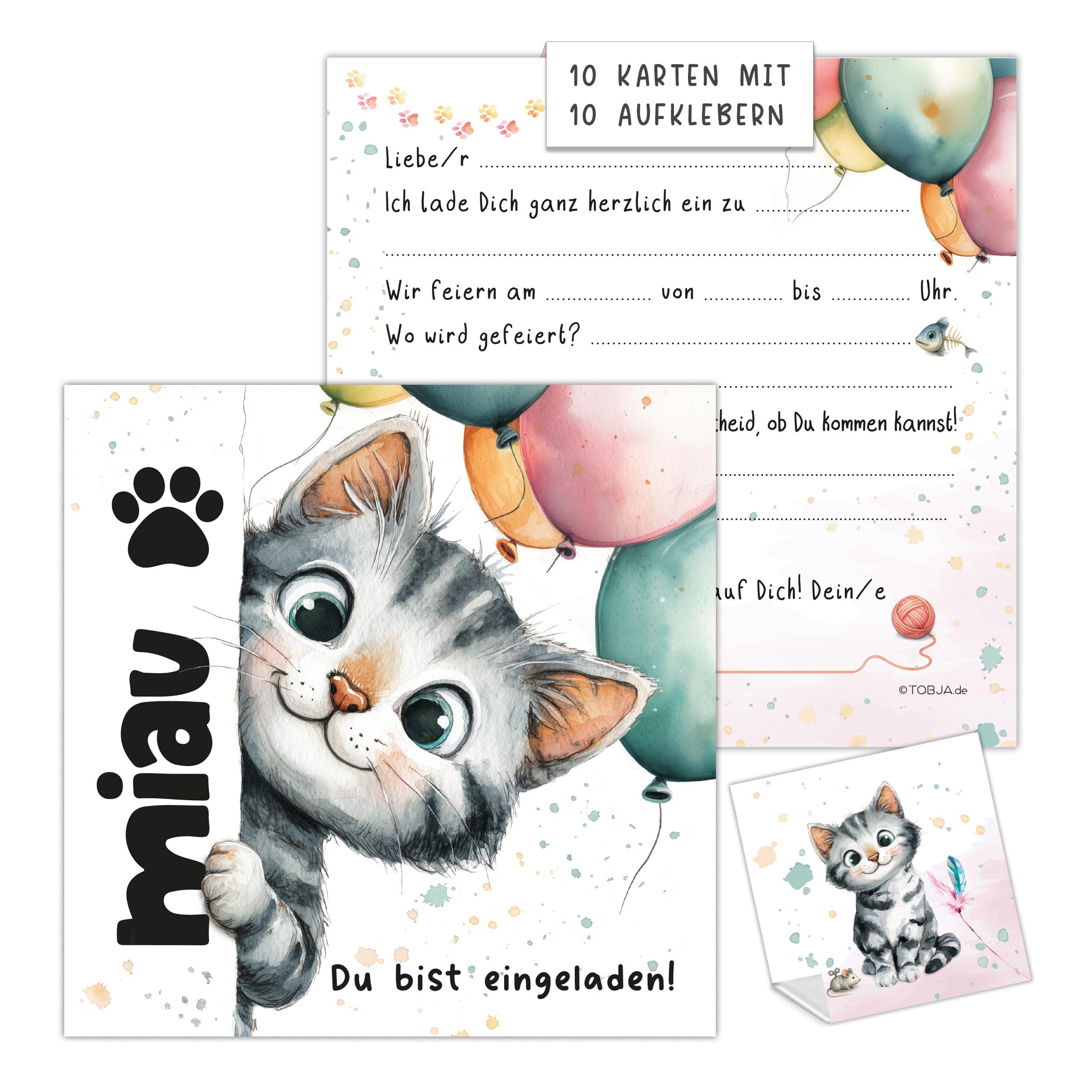 TOBJA Einladungskarten XXL Einladungskarten Katze 10er Set 14,8cm inkl Sticker, Kindergeburtstag Mädchen Geburtstag Einladung Kinder