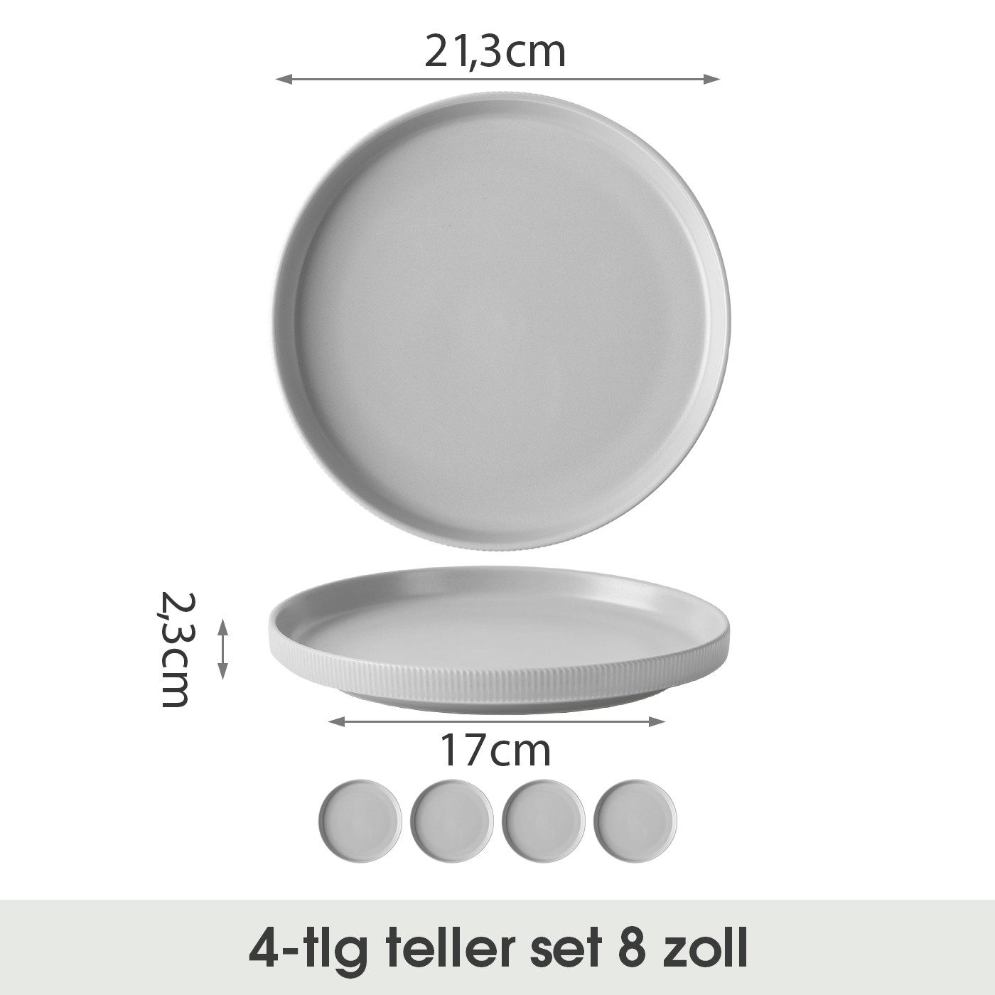 JIWOO Teller 4er Ø21,3cm, Speiseteller Steakteller Dessertteller Brotteller Plate, (4 St), Keramik Hochwertiges Tellerset Grau Mikrowellen spülmaschinenfest
