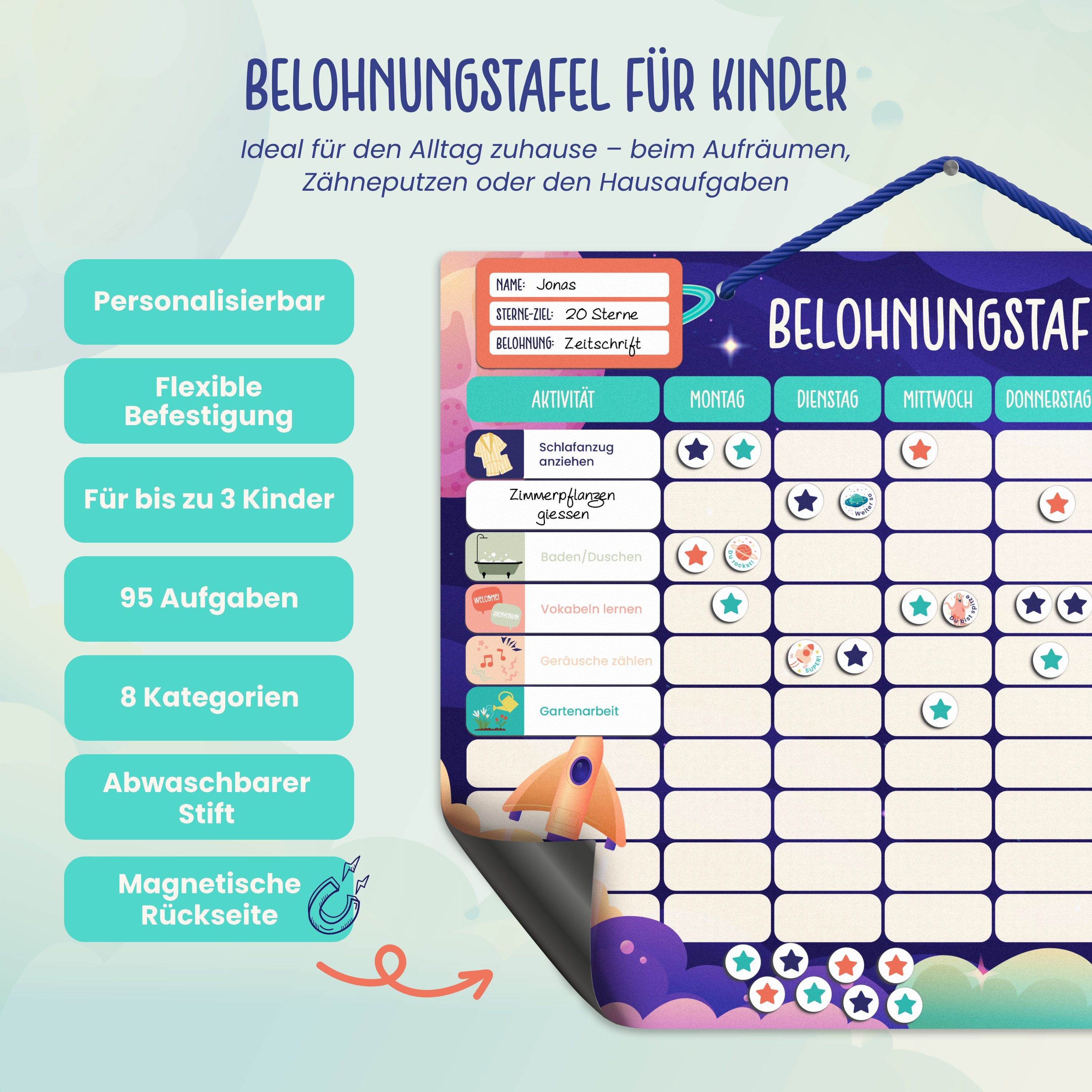 Lilletå Lernspielzeug Belohnungstafel Kinder magnetisch, 100 Aufgaben & 350 Magnete, ab 4 (Komplettset, Tafel, Aufgabenmagnete, Sterne, Stift & Tragebeutel), Be – Bild 2 von 5