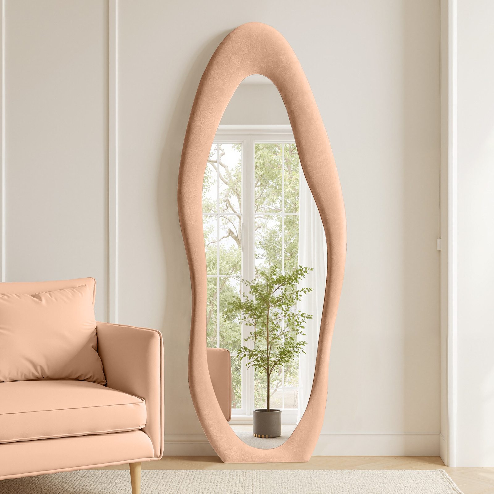 LUNAMIRROR Ganzkörperspiegel in organische Form, mit Samtbezug und Holzrahmen (1-St), stehend & hängend, 160x60 cm