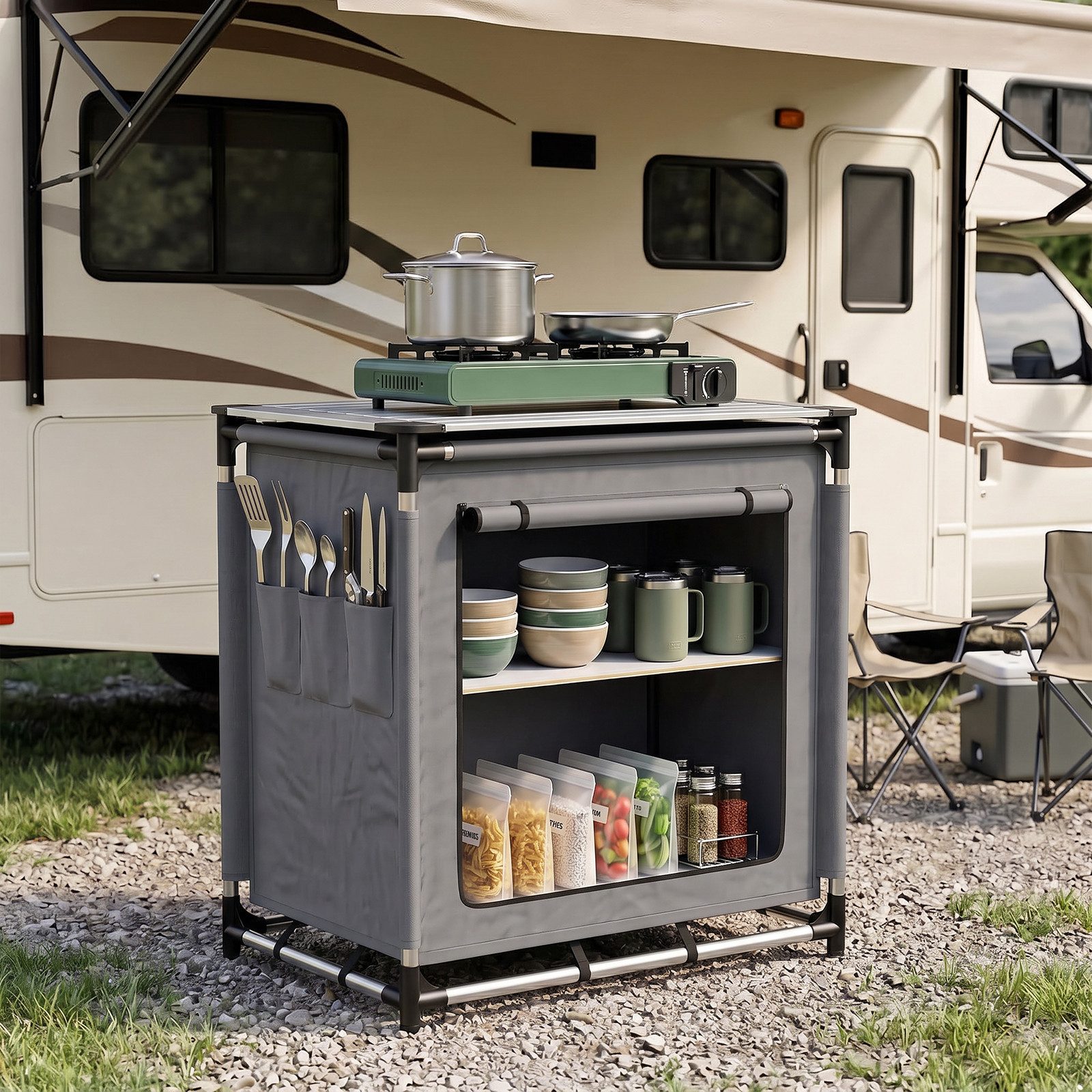 Sekey Campingschrank Faltbar Campingküche mit Aluminiumgestell und Aluminium-Arbeitsplatte Campingtisch mit 2 Fächern, leicht transportierbarer Reiseküche – Bild 4 von 5