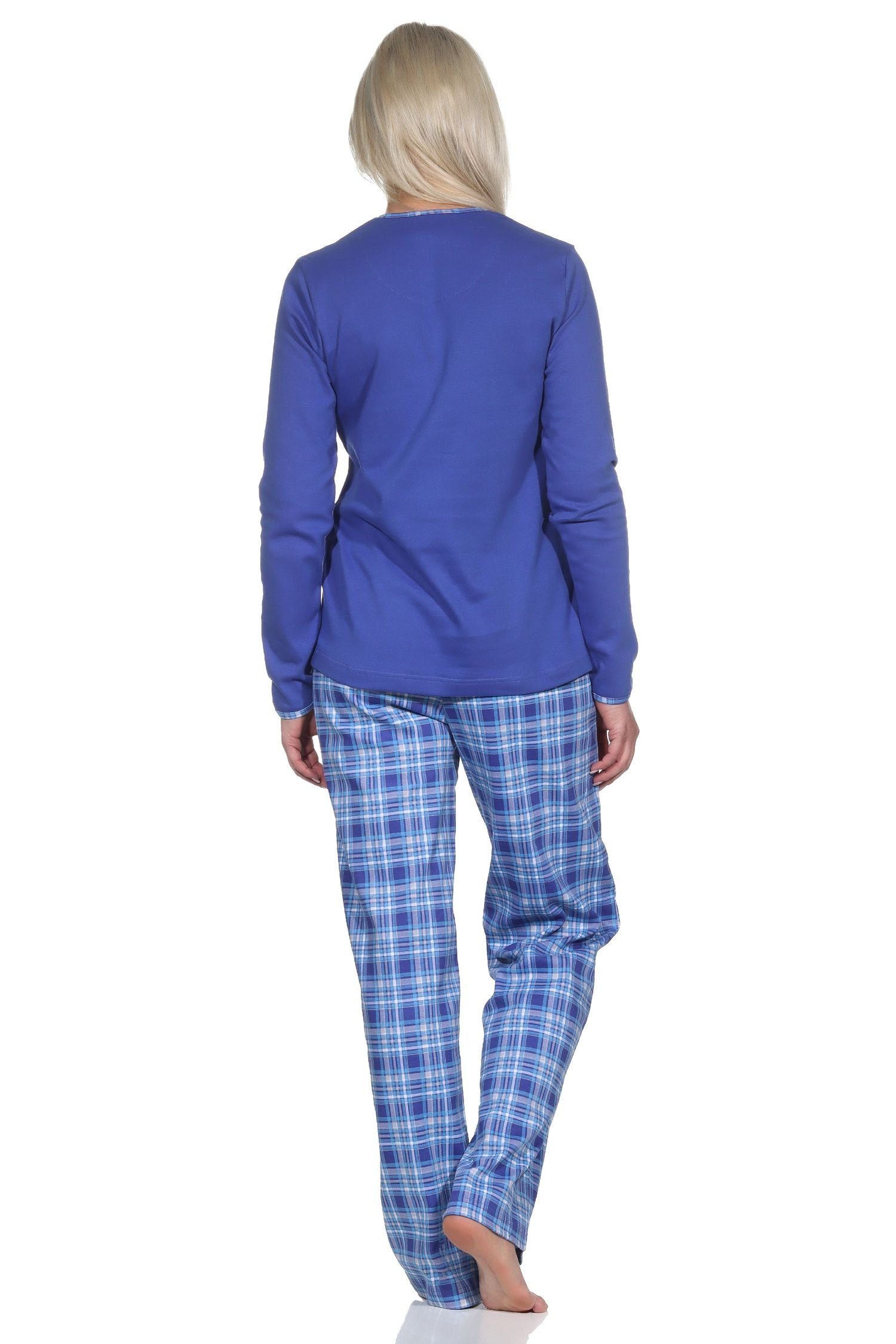 Normann Pyjama Damen Schlafanzug Qualität Hose karierter blau mit Kuschel Interlock in