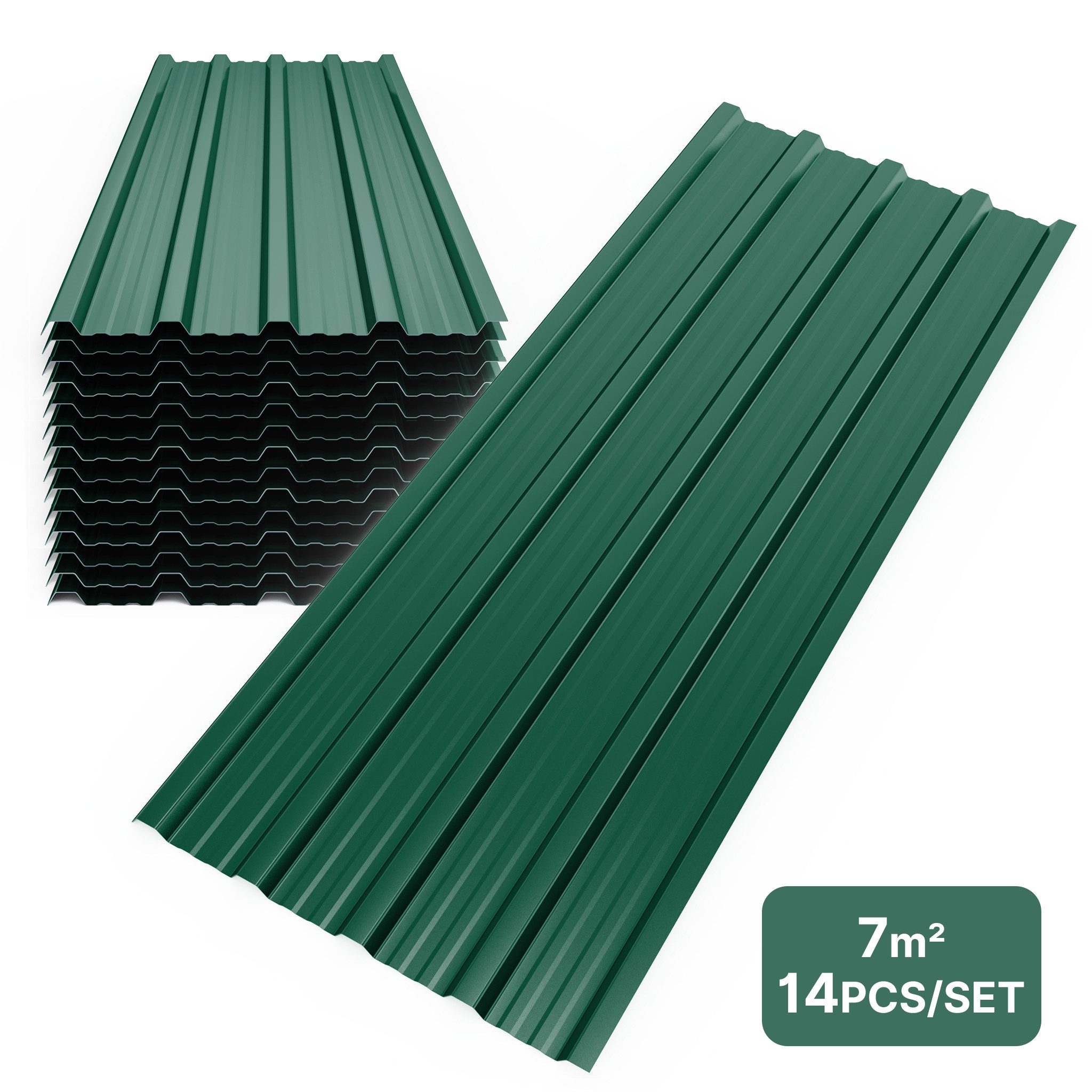 Mondeer Wellplatte Панели крыши(14-tlg), 0,25 mm, (Metall Trapezblech, 14-St), Wellblechplatten für Dach, 7m², 110*46cm, Grün