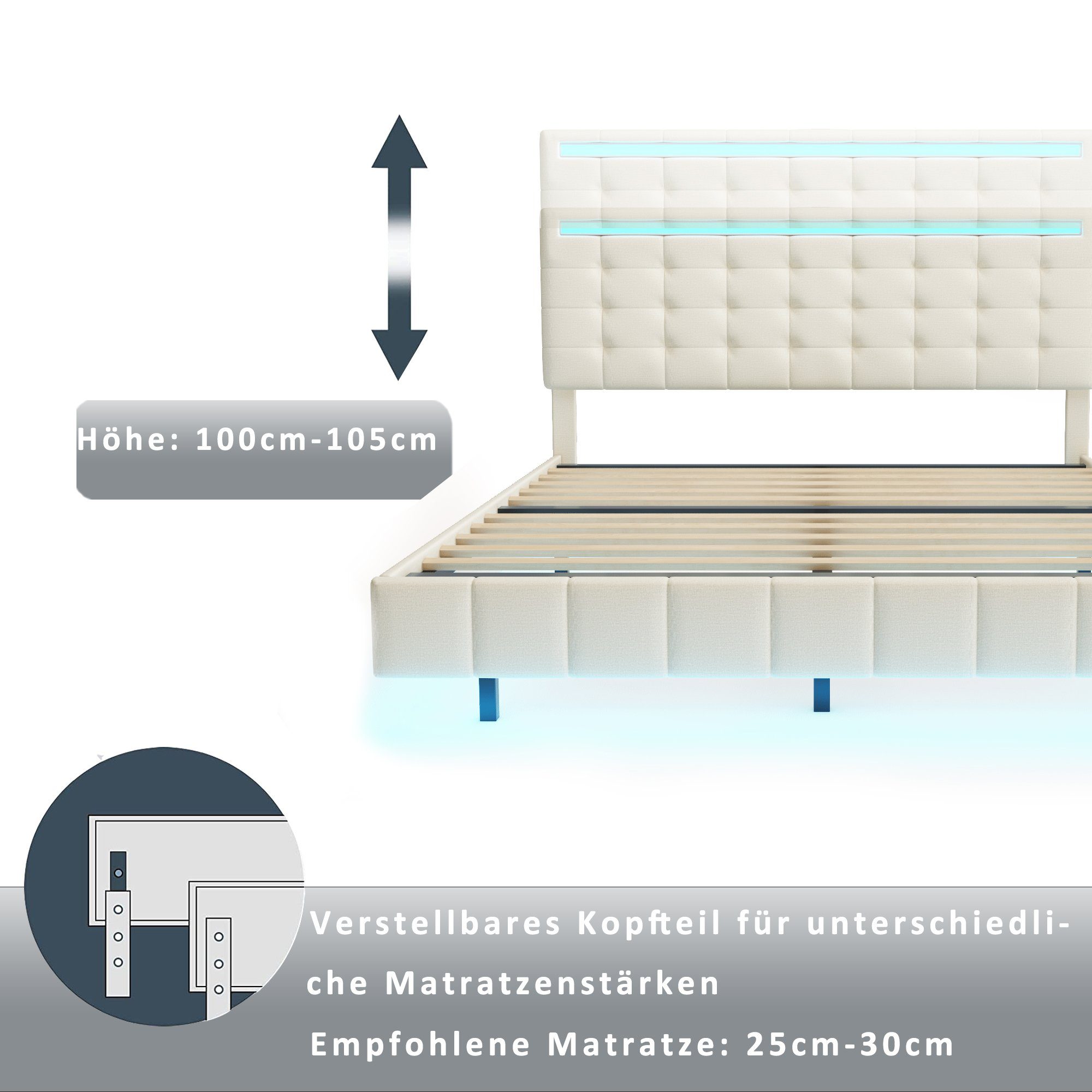 Polsterbett (LED Doppelbett), mit USB Ladefunktion und höhenverstellbarem Kopfteil 160x200cm, Leinen