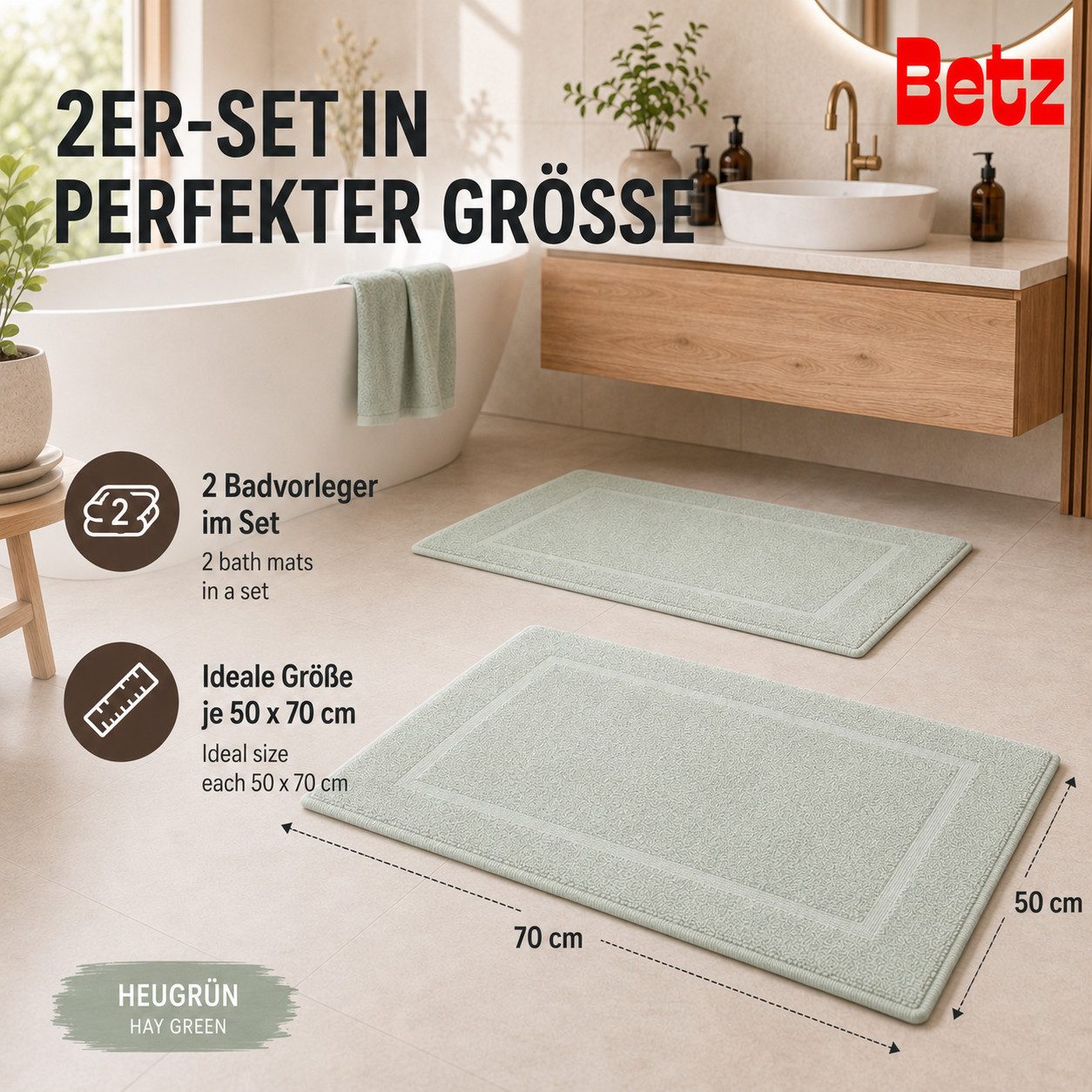 Betz Badematte 2 Stück Badvorleger Premium Badteppich Größe 50x70 cm, unbeschichtet, beidseitig nutzbar, beidseitig nutzbar, Baumwolle, Qualität 650g/m² – Bild 3 von 5