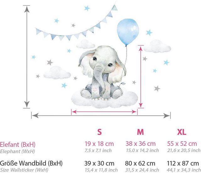 little DECO Wandtattoo »Little Deco Wandtattoo Elefant mit Luftballon blau & Sterne«-Otto
