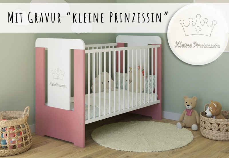 Kids Collective Babybett Gitterbett höhenverstellbar, herausnehmbare Sprossen, Kleine Prinzessin Gravur 60x120 weiss pink, optional mit Matratze