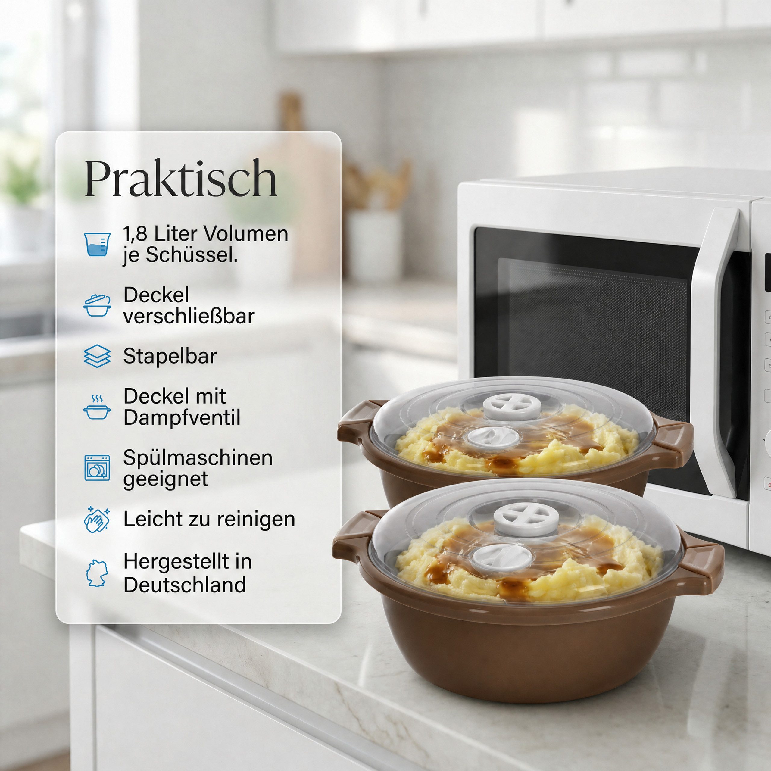 Lantelme Mikrowellenbehälter Mikrowellenschüssel Set rund Mikrowellen Picknick Schüssel, (2-tlg., 2 Stück Set Mikrowellenschüssel Volumen 1,8 Liter Volumen), mi – Bild 5 von 5
