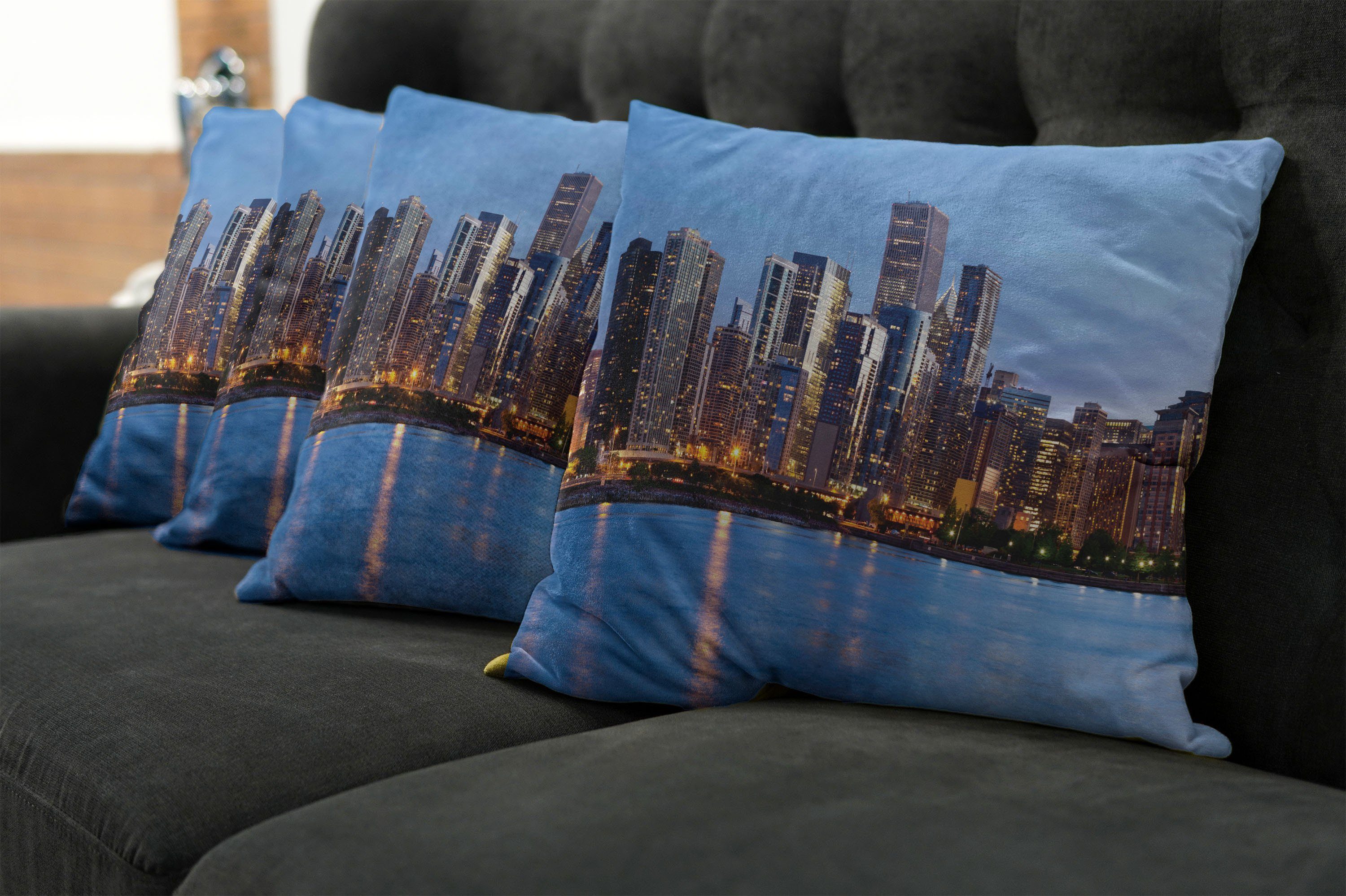 Accent (4 Stück), Modern Digitaldruck, Sunset Abakuhaus Doppelseitiger City Big Chicago Kissenbezüge Skyline