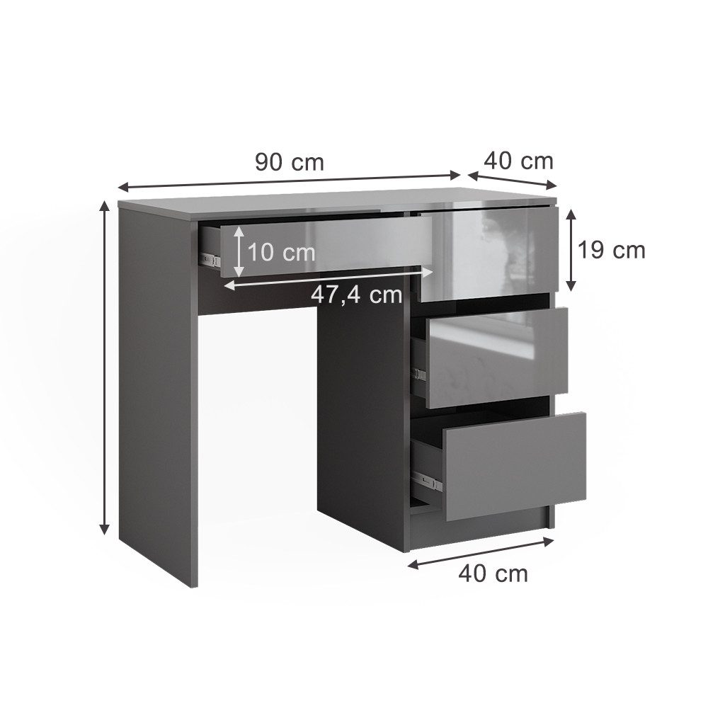 Vicco Schreibtisch Sherry, Grau Hochglanz, 90 x 40 cm mit Schubladen (1-St)