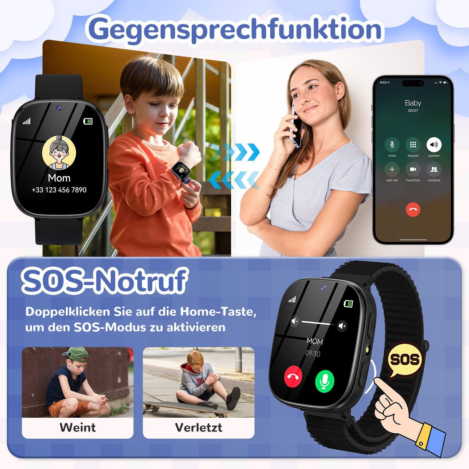 SWGOTA 800mAh 2G Smartwatch Kinder mit Telefonfunktion,Unterstützung für SOS Smartwatch (1,83 Zoll) mit 31 Spiele, Schulmodus,Foto,Video,Wecker, IP68 Fitness Tracker Kompatibel mit Android und iOS