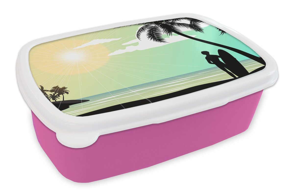 MuchoWow Lunchbox Meer - Surfen - Sonne - Palme, Kunststoff, (2-tlg), Brotbox für Erwachsene, Brotdose Kinder, Snackbox, Mädchen, Kunststoff rosa