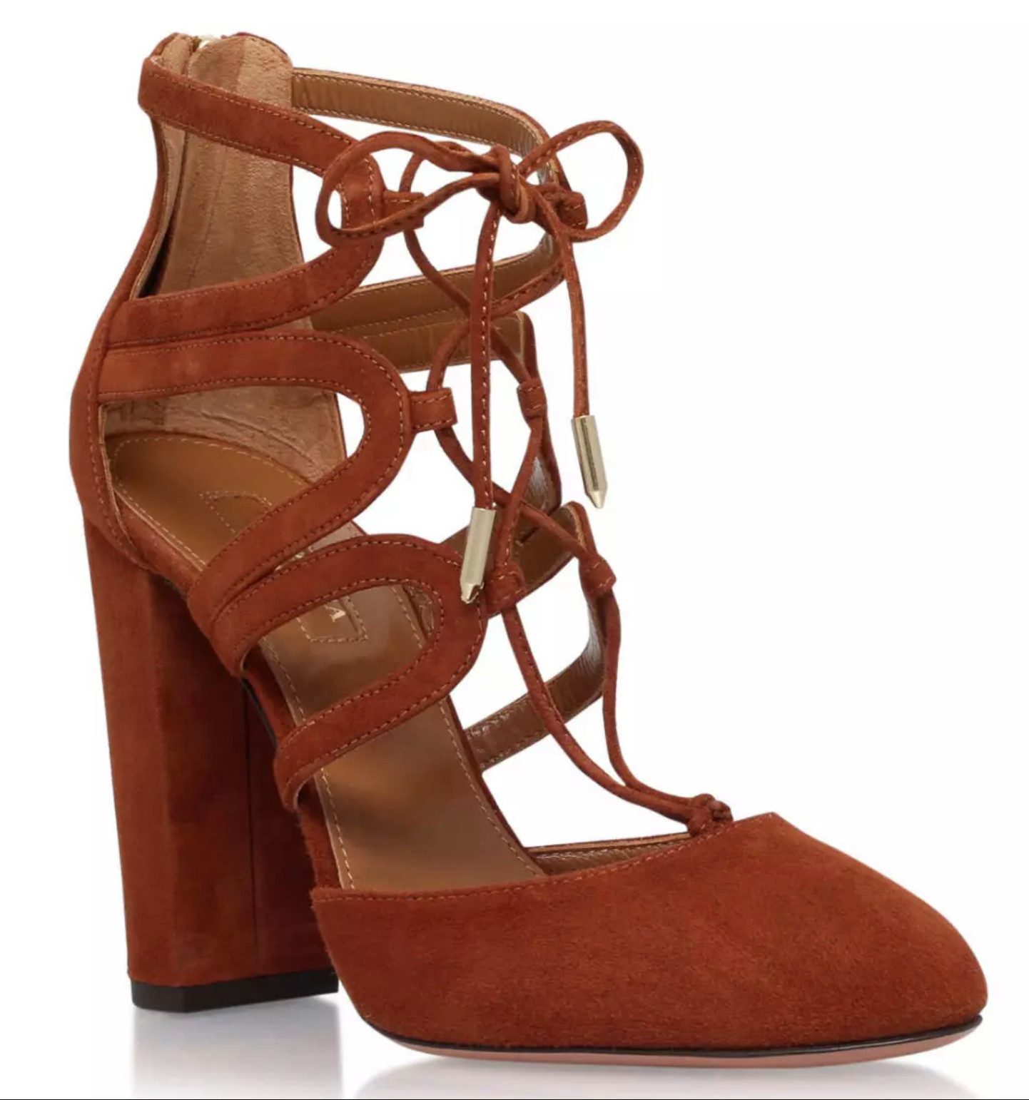 Aquazzura Firenz Holli Pumps Cognac Veloursleder Heels Schuhe Cutout 105mm Туфли на высоком каблуке Luxuriöses Veloursleder weich, tiefmatt, hochwertig verarbeitet