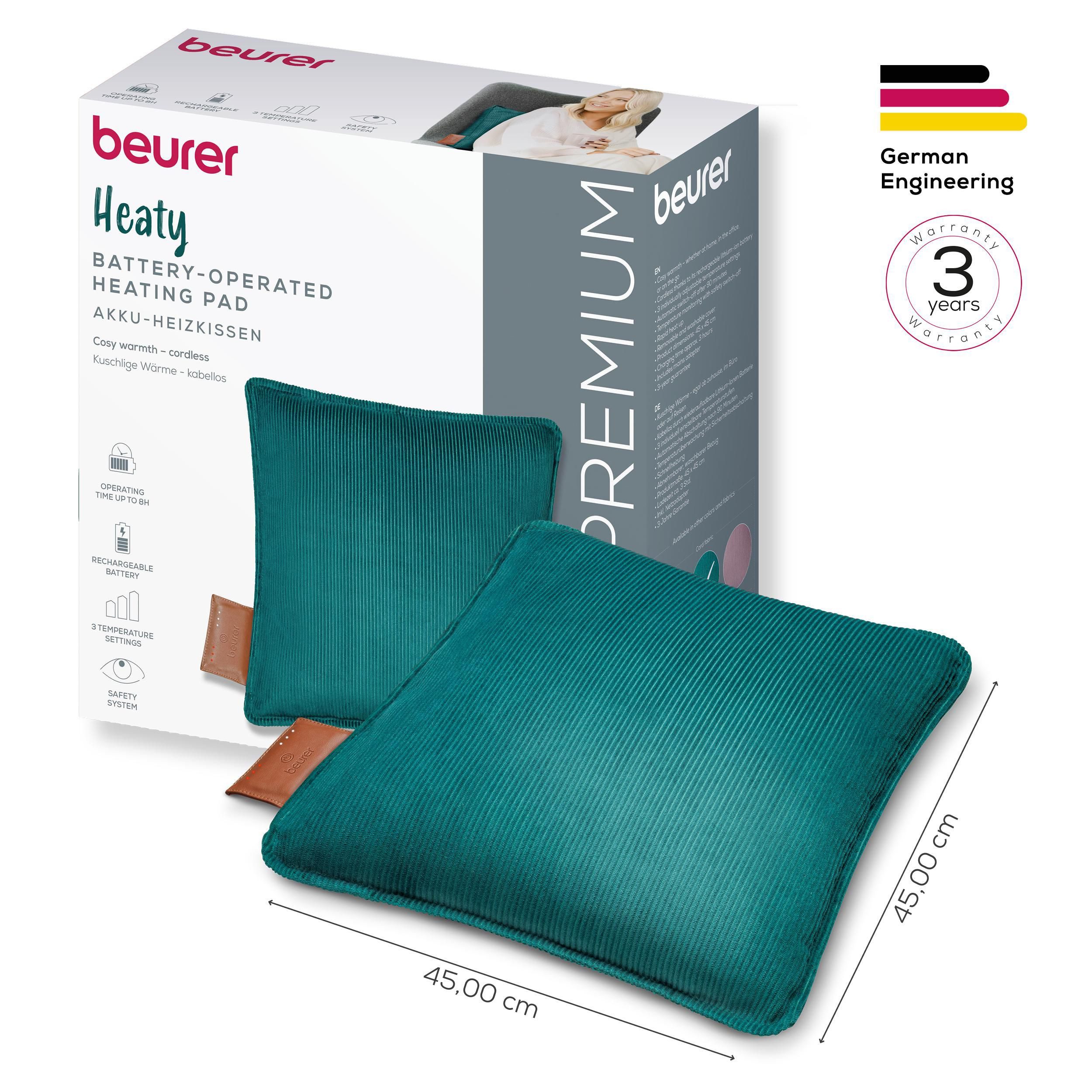BEURER Heizkissen HK 77 Heaty, kabellos, Stylisches Design mit modernem Cordstoff, 3 Temperaturstufen, 45x45 cm