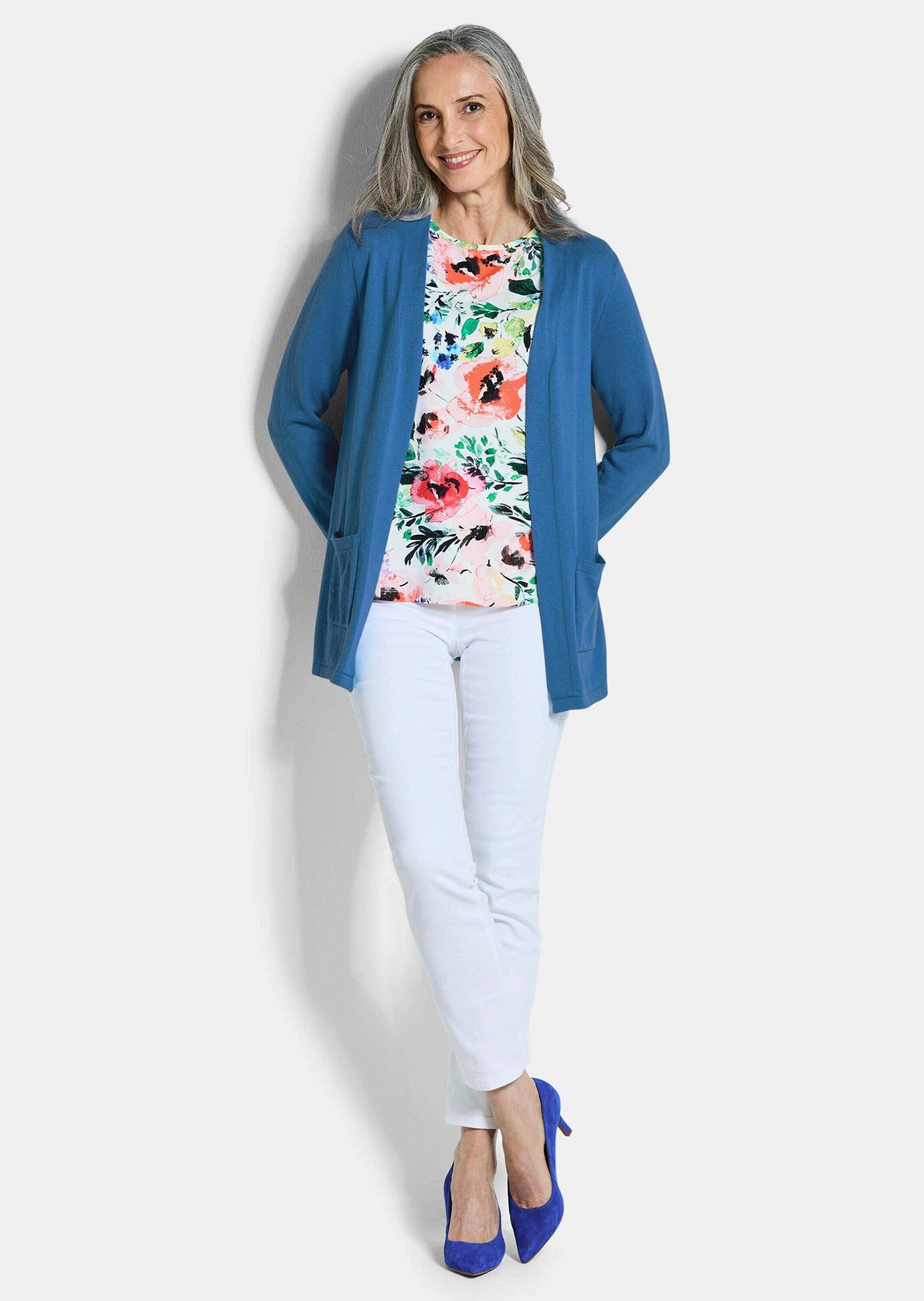 GOLDNER Strickjacke Kurzgröße: Elegante Strickjacke mit Kaschmir Longjacke ohne Verschluss mit aufgesetzten Taschen und Langarm
