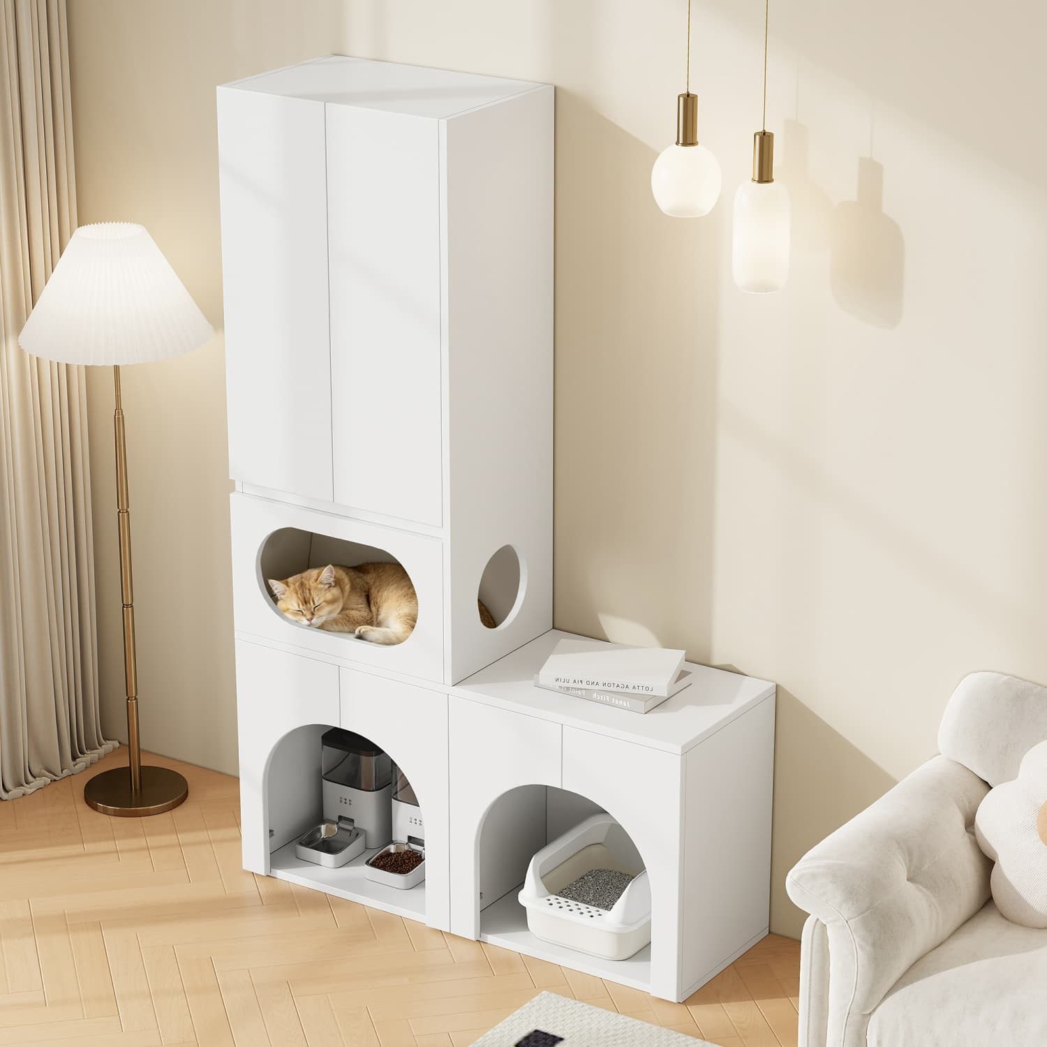 ANYSUN Tierhaus Katzentoilettenschrank mit Stauraum,Platz für 2 Katzentoiletten,weiß, Haustierschrank,Hochschrank mit Ruhebereich,Regal,140×45×195cm