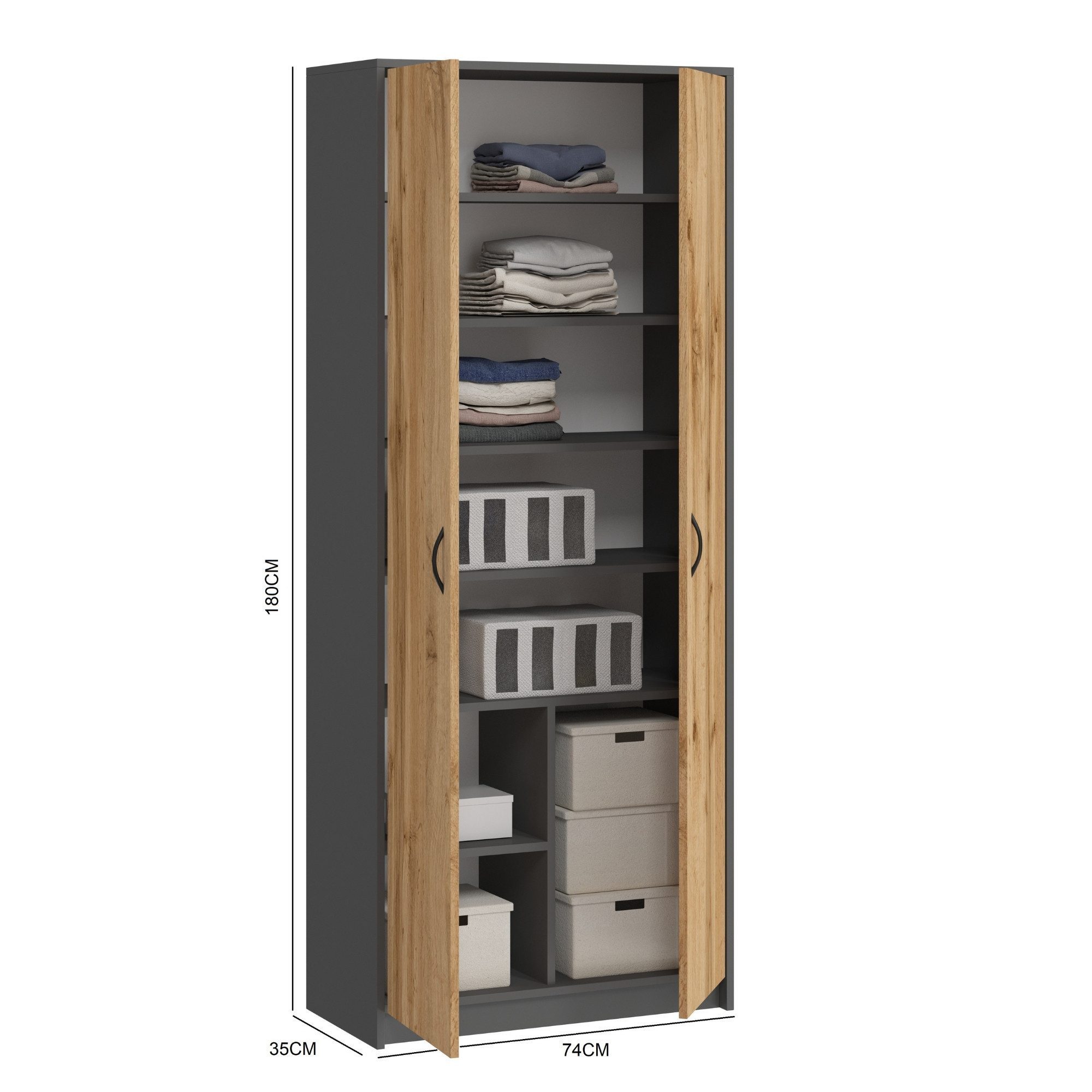 Home Collective Mehrzweckschrank Kleiderschrank Regal 74cm breit 180cm hoch Aktenschrank mit sechs Einlegeböden und Extra-Fach, in Anthrazit mit Eichefarben – Bild 2 von 5