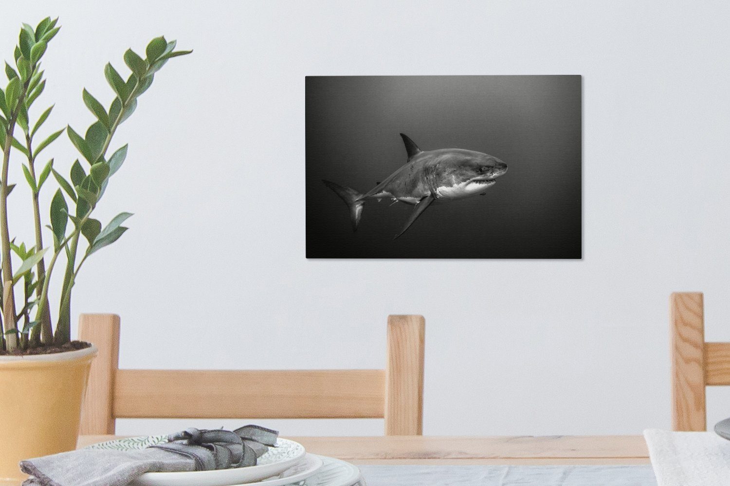 Wanddeko, 30x20 Aufhängefertig, (1 und Leinwandbild weißer großer Leinwandbilder, weiß, Ein - Wasser cm St), Hai dunklem Wandbild OneMillionCanvasses® schwarz in