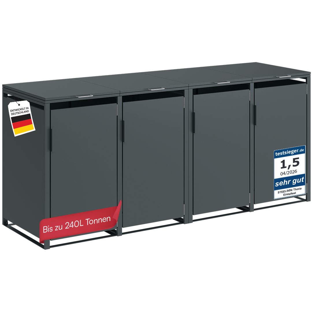 STEELSØN Mülltonnenbox Thoria 240 L aus verzinktem Stahl, Mülltonnenverkleidung (Anthrazit, verfügbar mit 1, 2, 3, 4, oder 5 Türen), Für 4 Tonnen