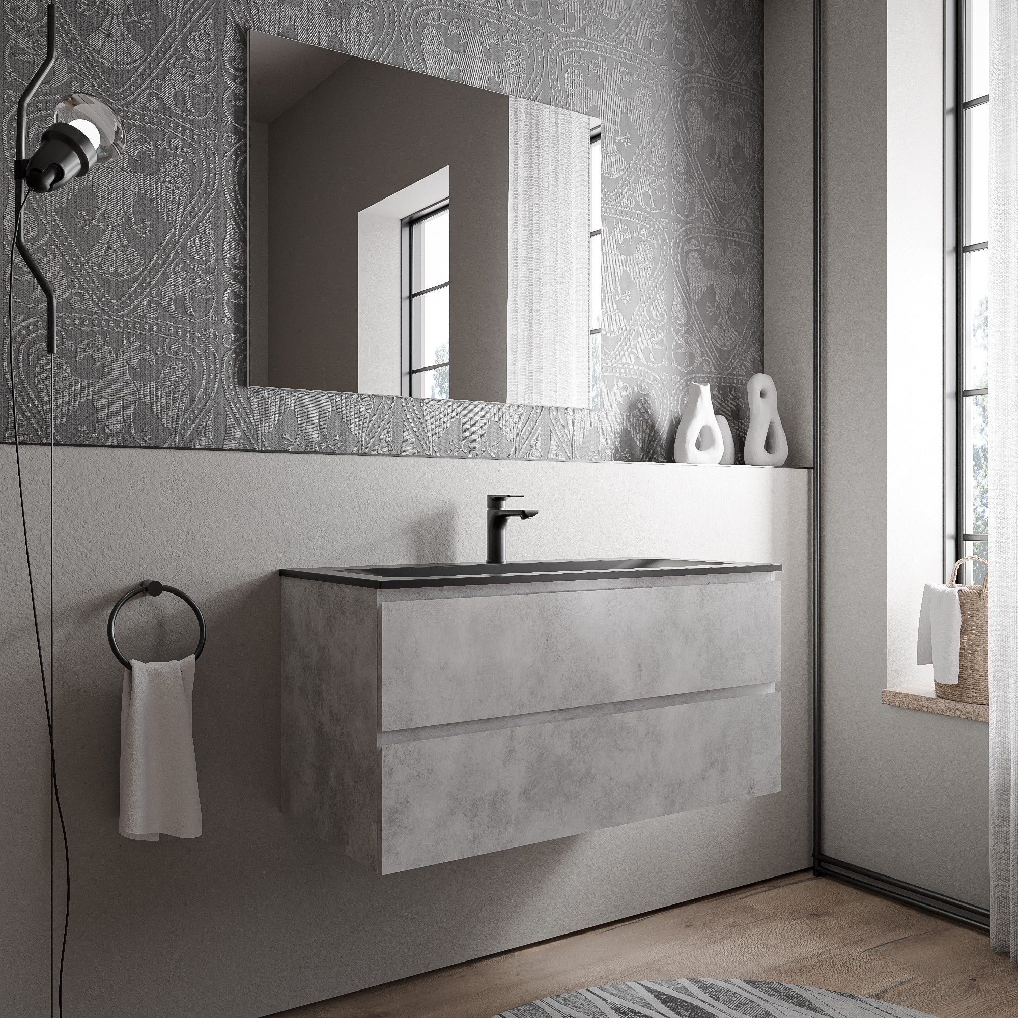 Bernstein Waschbeckenunterschrank AVA Beton 100cm Waschbecken Schwarz matt mit Hahnloch Waschtischunterschrank mit Mineralguss-Waschbecken 2 Schubladen