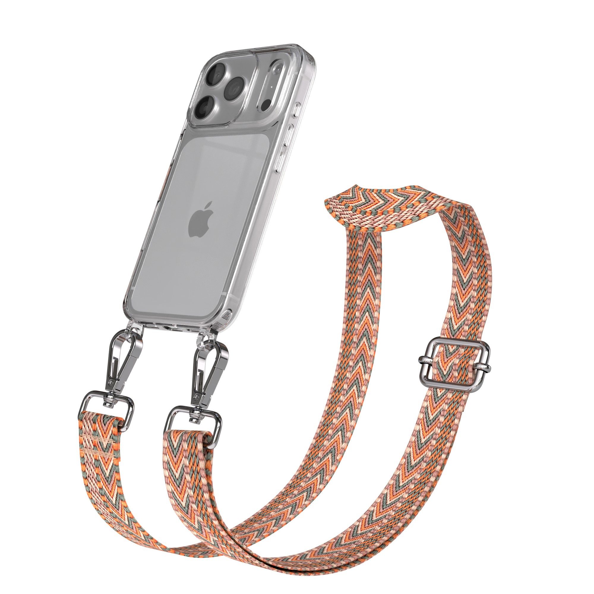 EAZY CASE Handykette Silikonhülle mit Kette für Apple iPhone 17 Pro 6,3 Zoll, schmaler Gürtel Kordel transparenter Silikonhülle Umhängetasche Orange