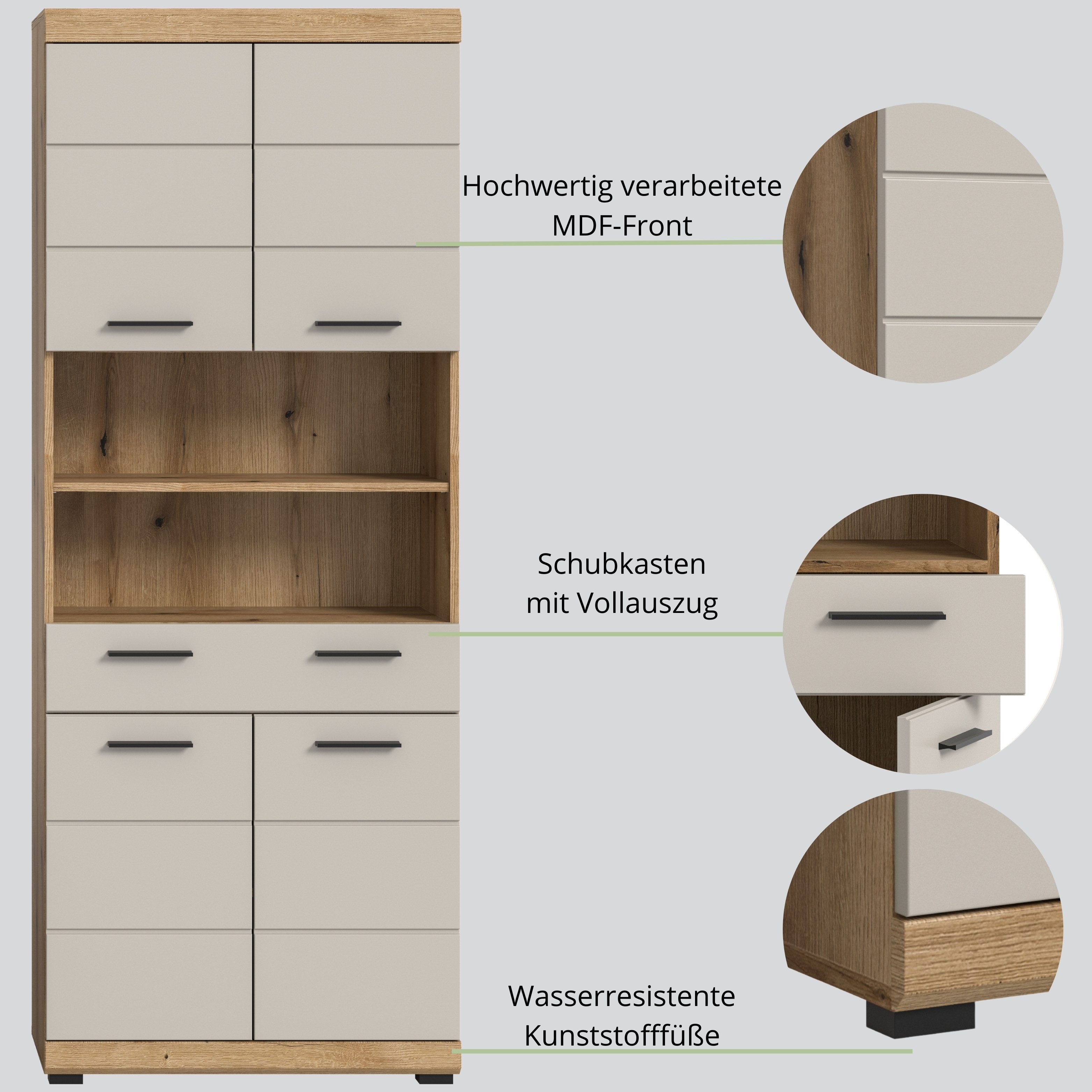 furnling Hochschrank Scott 4 Türen, 1 Schublade, 2 offene Fächer, Badmöbel, Badschrank – Bild 4 von 5