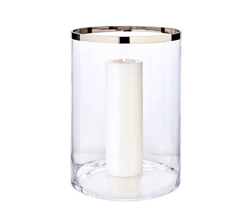 EDZARD Windlicht Molly, Höhe 39 cm, Ø 29 cm, aus Kristallglas mit Platinrand, Kerzenhalter für Stumpenkerzen