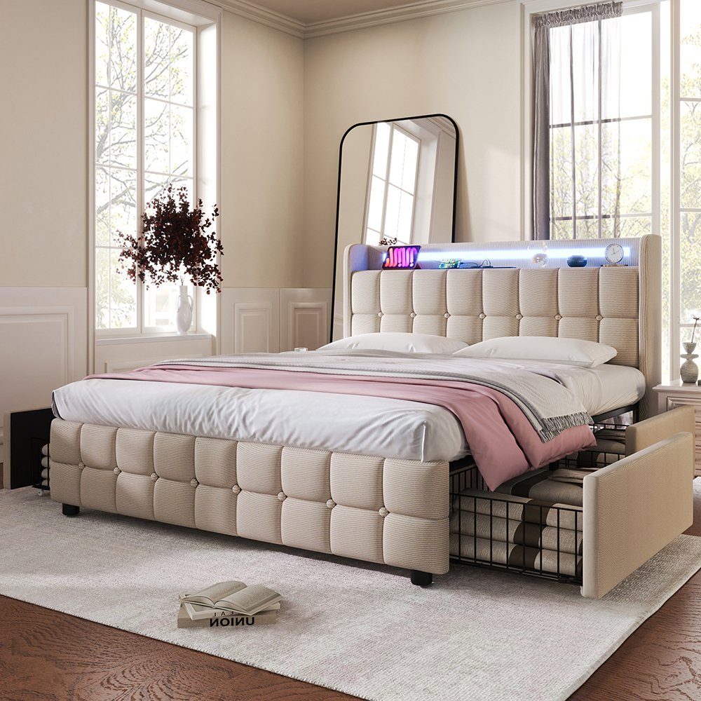 Polsterbett (Stauraumbett mit Lattenrost), Dopplebett 160x200cm mit LED-Beleuchtung, Ladefunktion & 4 Schubladen