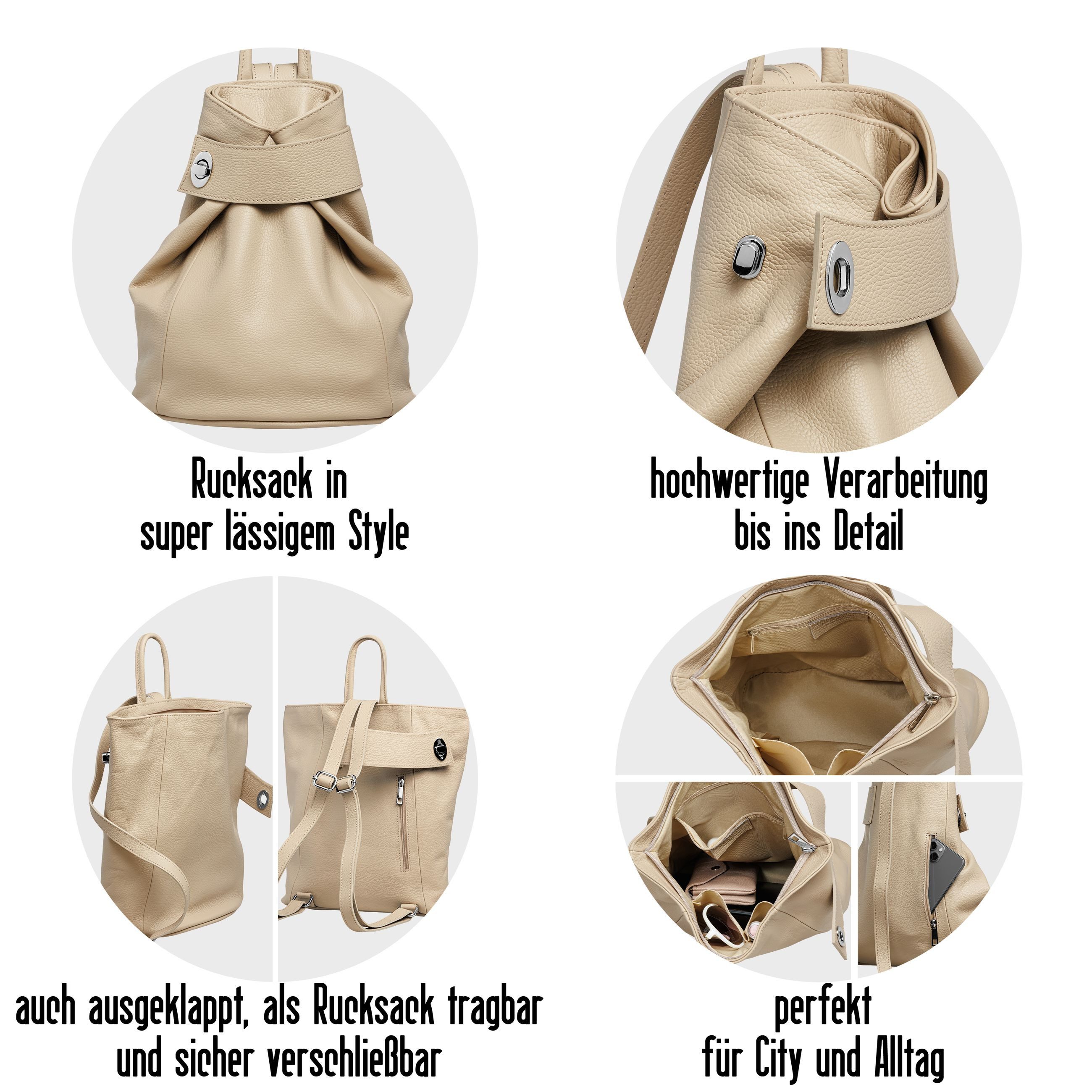 Caspar Cityrucksack Mittelgroßer Damen Rucksack aus Leder - CLASSIC LINE - Modell No.789 – Bild 5 von 5