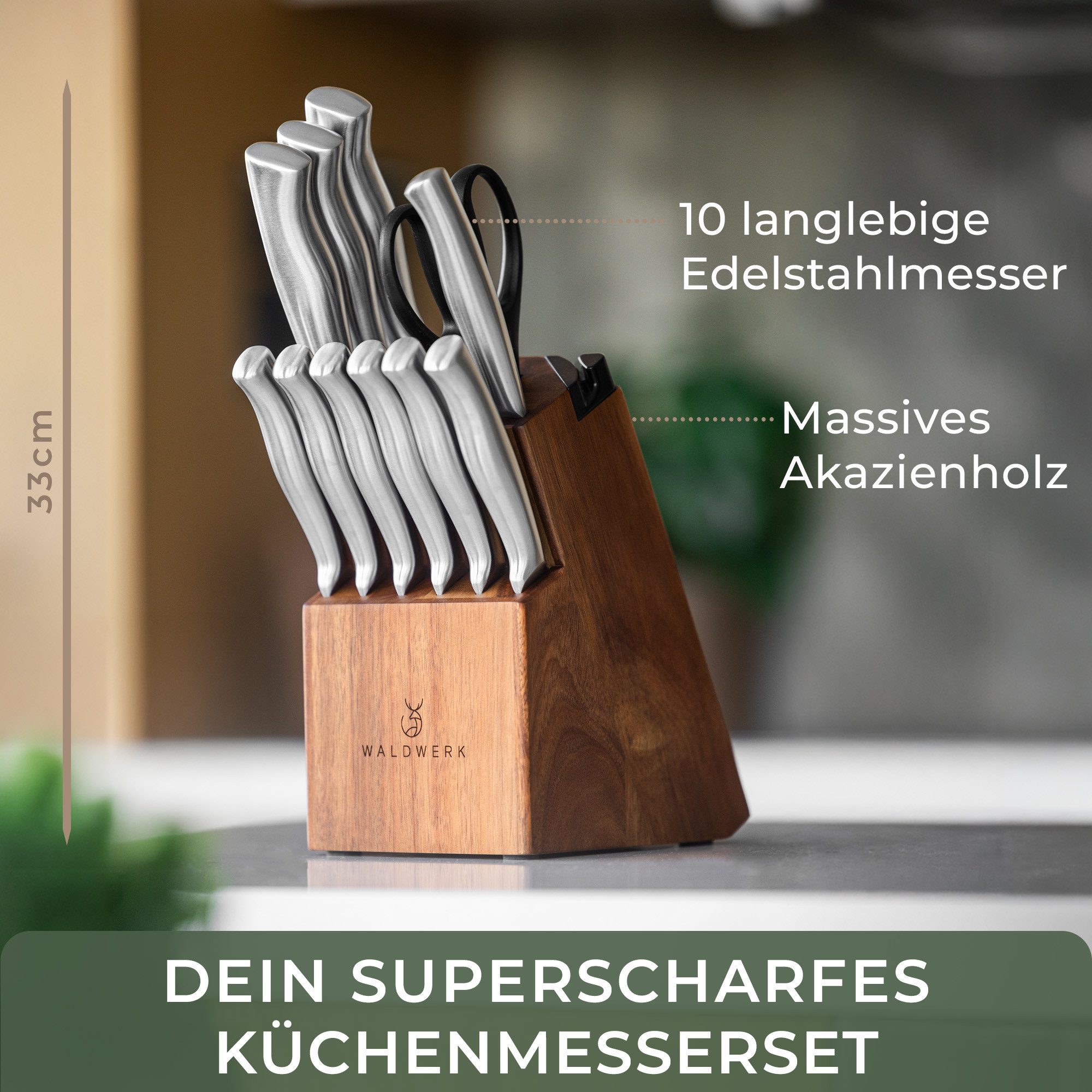 Waldwerk Messerblock - 7-/11-teiliges Messerset mit integriertem Messerschärfer (11tlg), integrierter Messerschärfer, Edelstahl, Akazienholz – Bild 2 von 5
