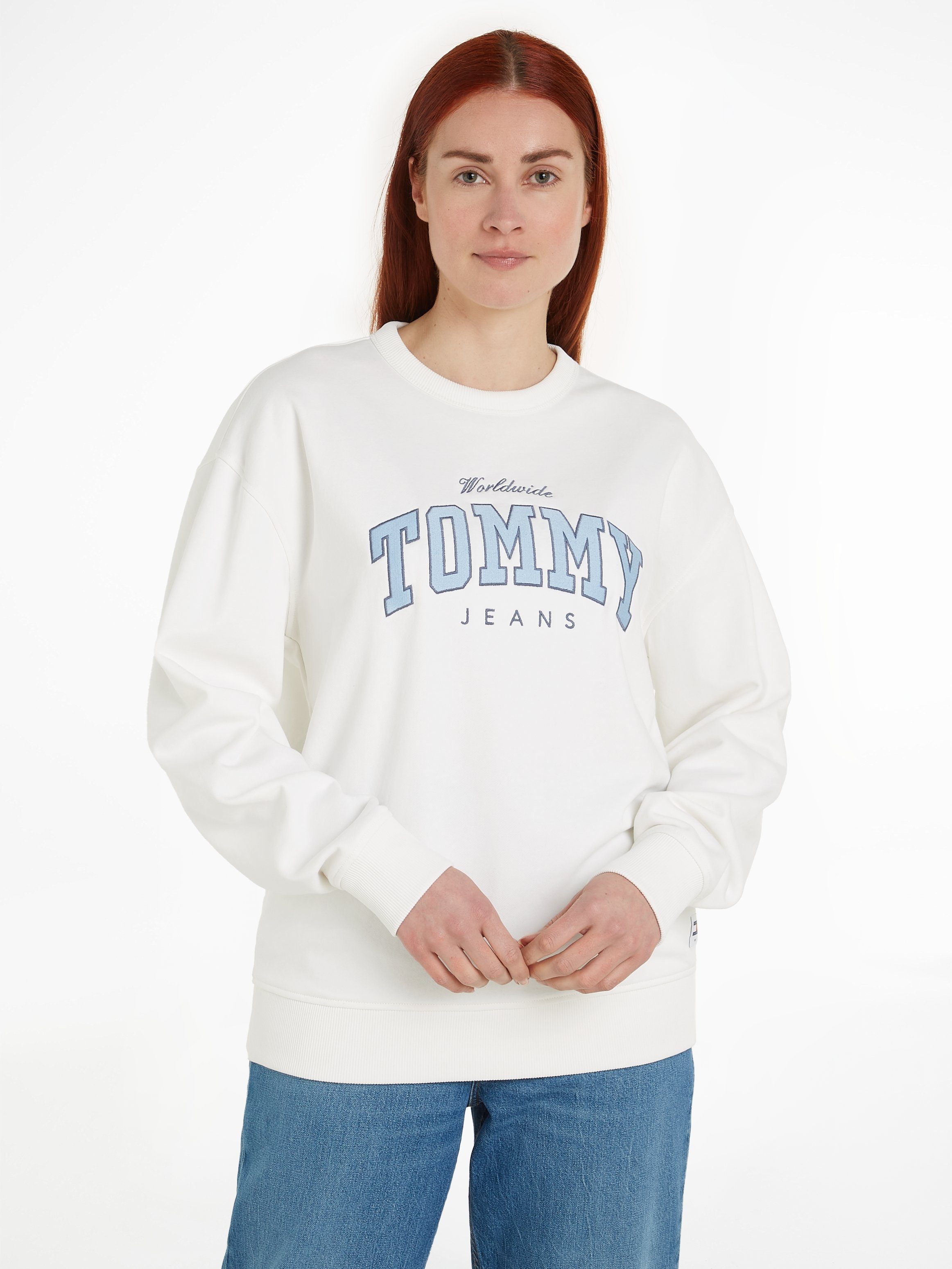 gesticktem RLX Ancient_White CREW Jeans Sweatshirt TJW mit Logoschriftzug LUXE Tommy VARSITY