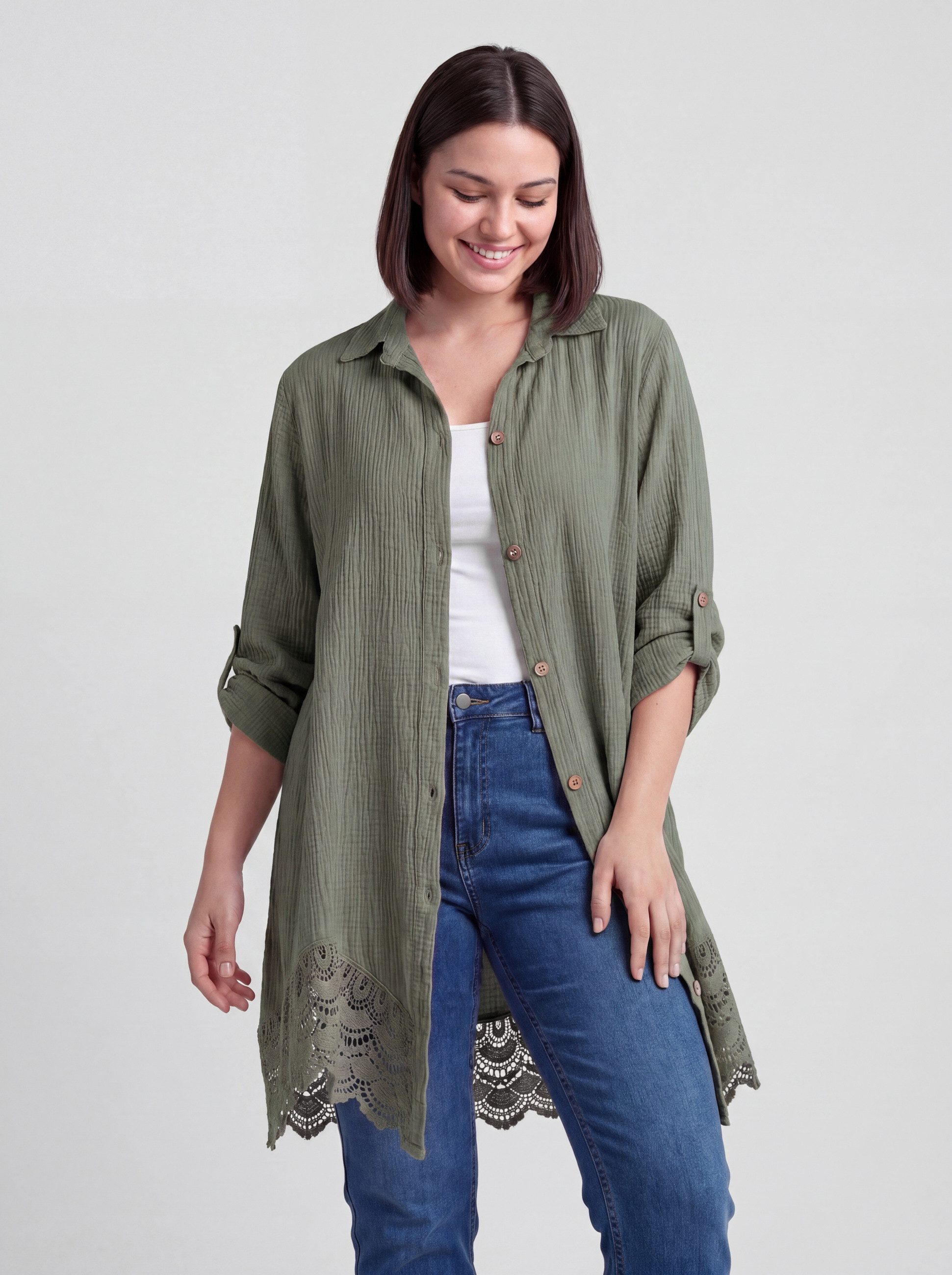 PEKIVESSA Longbluse Oversized Musselin Longbluse mit Häkelspitze am Saum