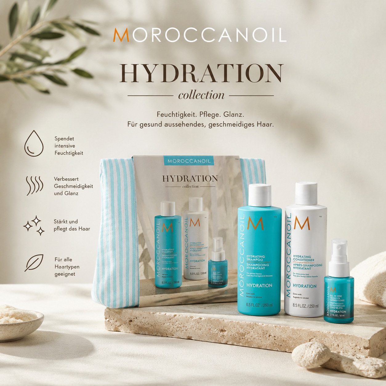 moroccanoil Haarpflege-Set Hydration Geschenkset mit Beautybag, 3-tlg., Intensive Feuchtigkeit und Pflege für trockenes Haar