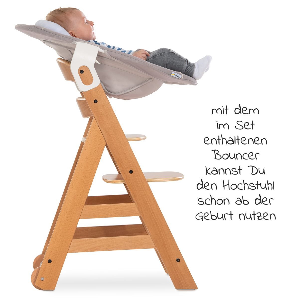 Hauck Hochstuhl Move Natur Newborn Set (5 St), Babystuhl ab Geburt inkl. Aufsatz für Neugeborene, Tisch, Sitzauflage