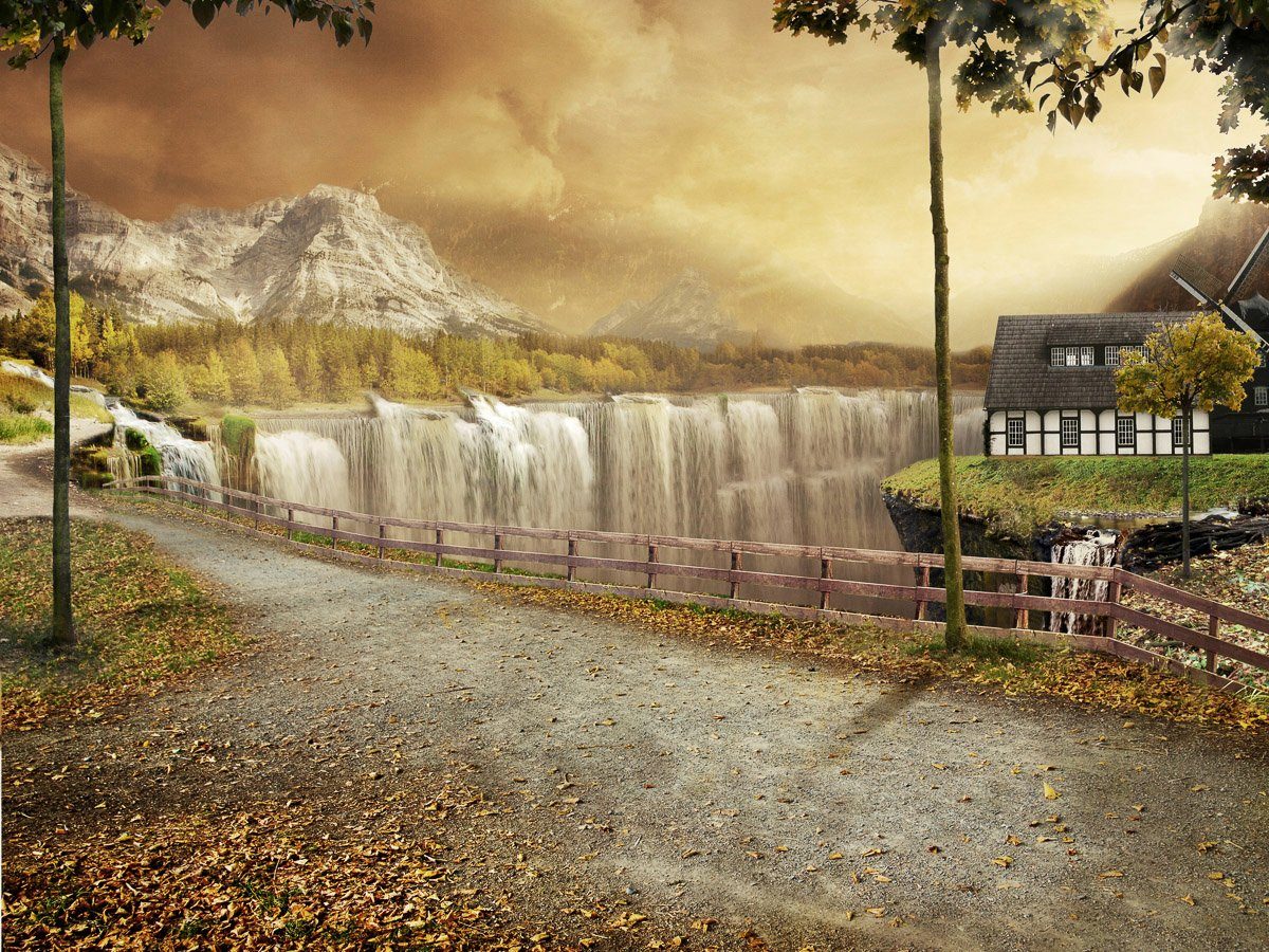 Papermoon Fototapete Haus an Wasserfällen