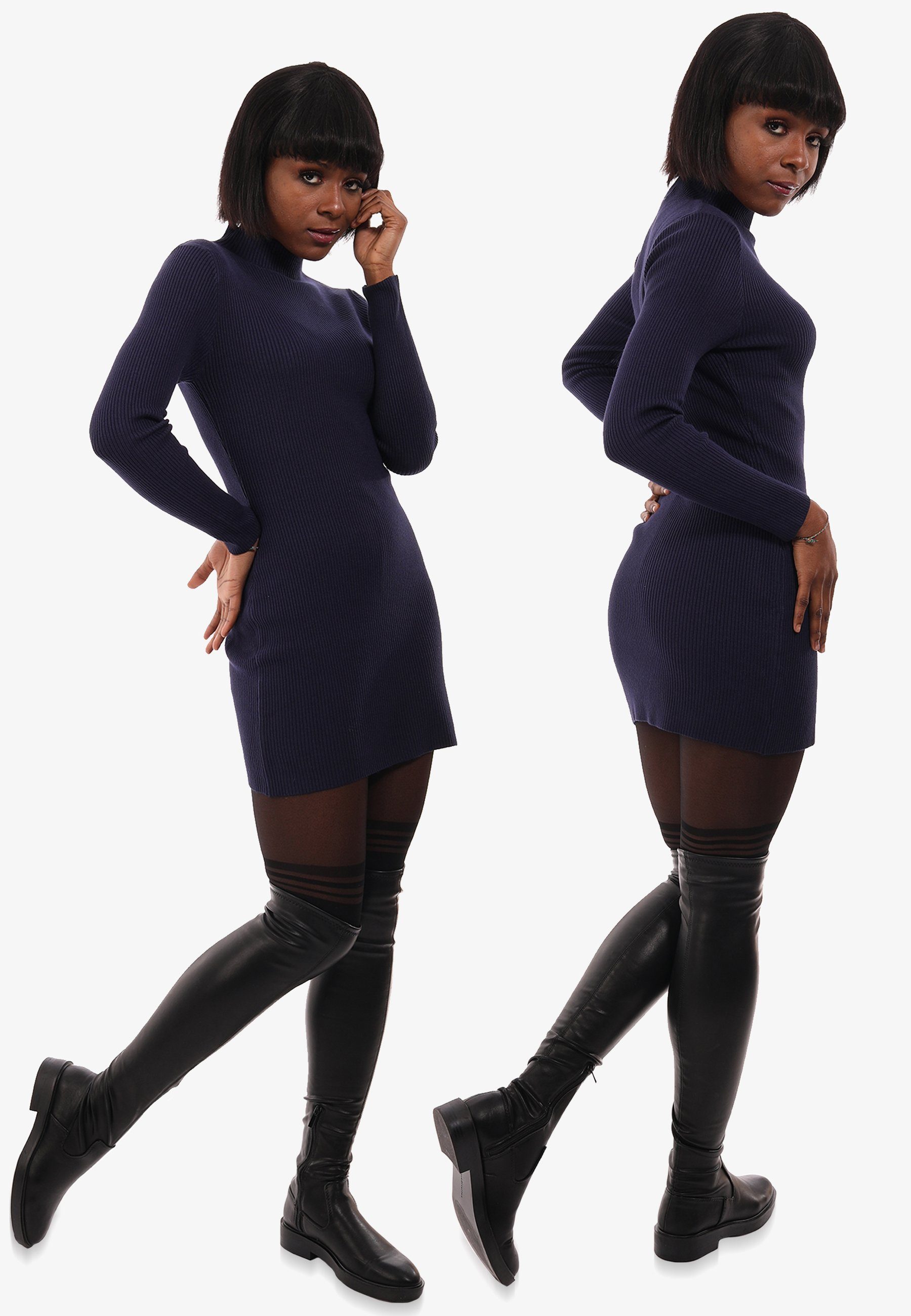 Fashion & Stehkragen (1-tlg) aus marine Unifarbe, Longpullover Pullover mit Rippstrick YC Basic Style in