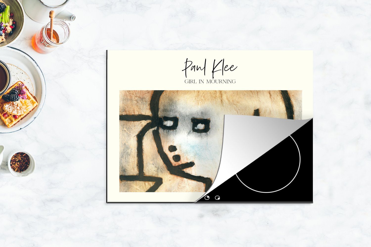 MuchoWow Kunst Paul 70x52 Ceranfeldabdeckung - Trauerndes cm, Mädchen, (1 Vinyl, tlg), - Arbeitsfläche Klee Mobile nutzbar, Herdblende-/Abdeckplatte