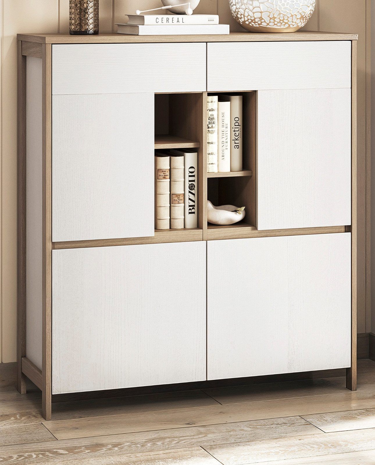Furn.Design Büromöbel-Set Finnes, (Arbeitszimmer Set in Eiche weiß und Eiche natur, 2-tlg., Schreibtisch und hohe Kommode), mit viel Stauraum und Soft-Close-Türen
