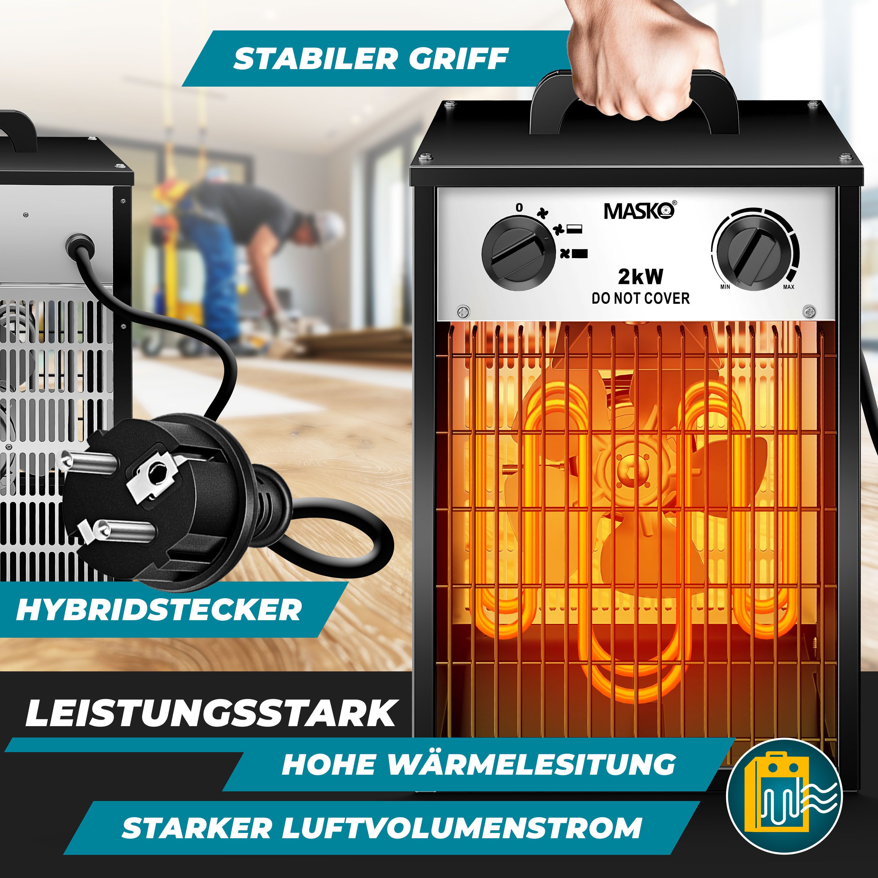 MASKO Heizlüfter, 2000 W, Elektroheizer Heizlüfter Bauheizer mit integriertem Thermostat