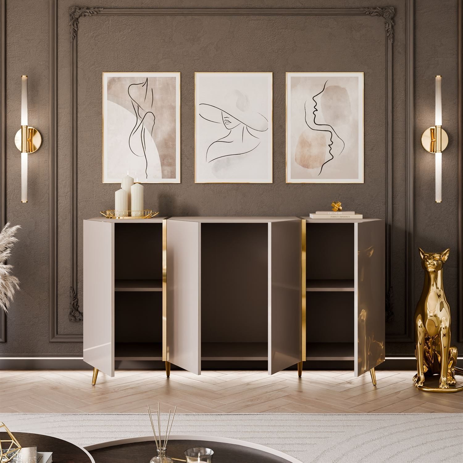 ALLHOUSE24 Kommode DIAMANT GOLD Kaschmir 158 cm Breite gold Metallfüßen Sideboard (1x Kommode), Breite 158 cm