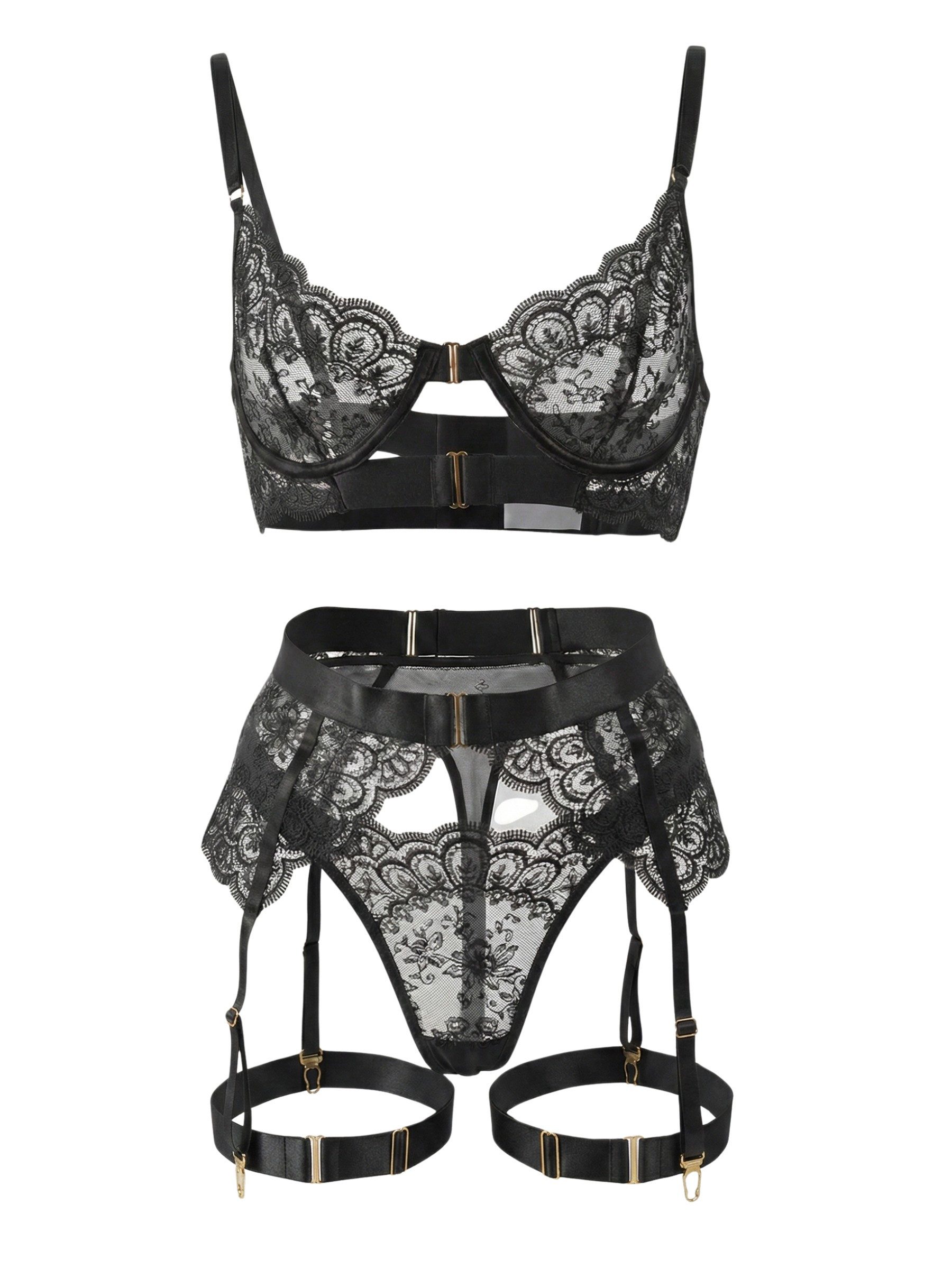 Elegant Love Set: Bügel-BH Damen-Dessous-Set aus bestickter Spitze – Lingerie mit Strumpfhalter (Set, 4-tlg., BH, Strumpfhaltergürtel, Tanga, Beingurt) Luxuriöse Reizwäsche – Sexy Unterwäsche mit goldenen Details