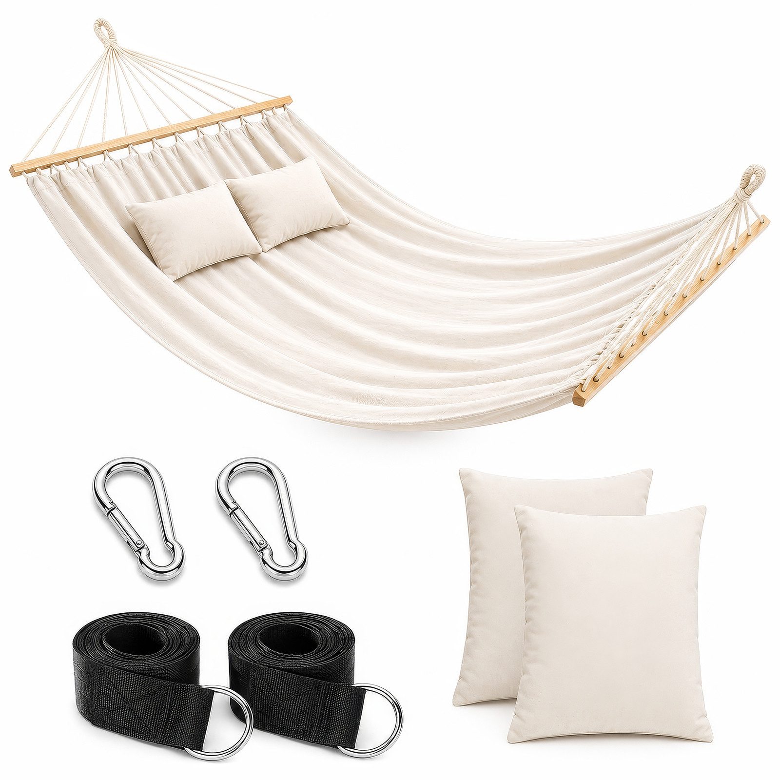 BlingBin Hängematte 2-Personen XXL Doppelhängematte mit Holzspreizstäben & 2 Kissen (1er Set, 1 St., 200*150cm), bis 240 kg Tragkraft für Garten und Balkon